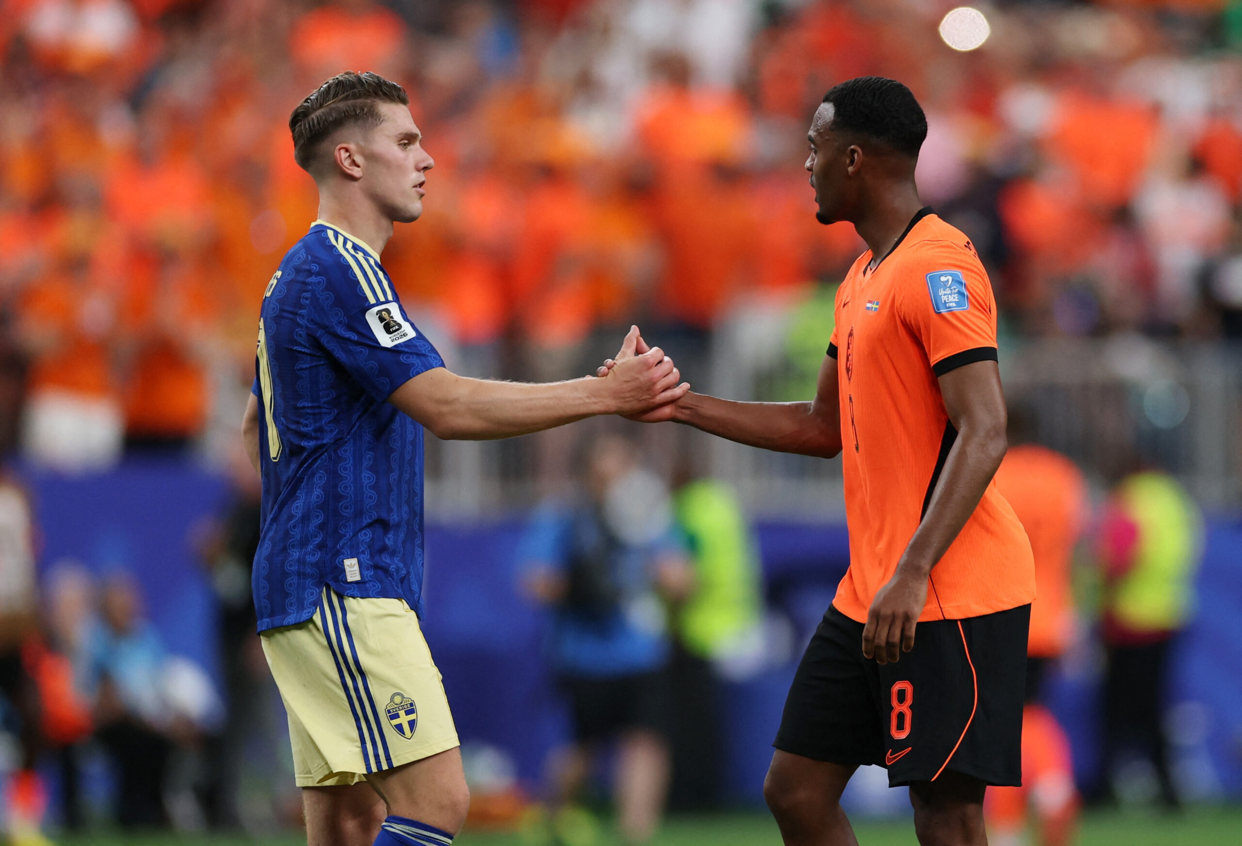 June 20, 2026; Houston, Texas, U.S.; Sweden's Viktor Gyokeres shakes hands with Netherlands' Ryan Gravenberch after the match. Mandatory Credit: Troy Taormina-Imagn Images
