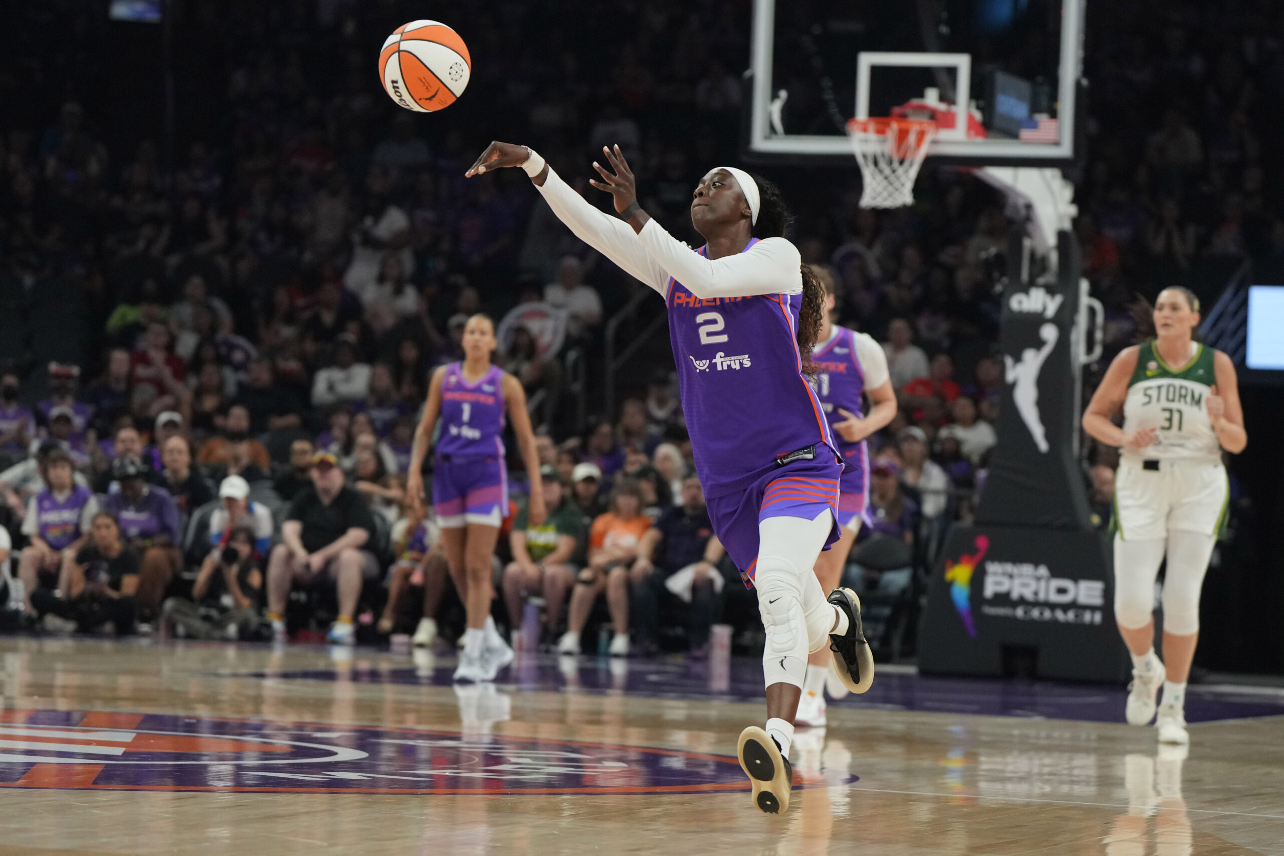 Jun 20, 2026; Phoenix, Arizona, USA; Phoenix Mercury guard Kahleah Copper (2) makes the pass against the Seattle Storm in the first half at Mortgage Matchup Center. Mandatory Credit: Rick Scuteri-Imagn Images