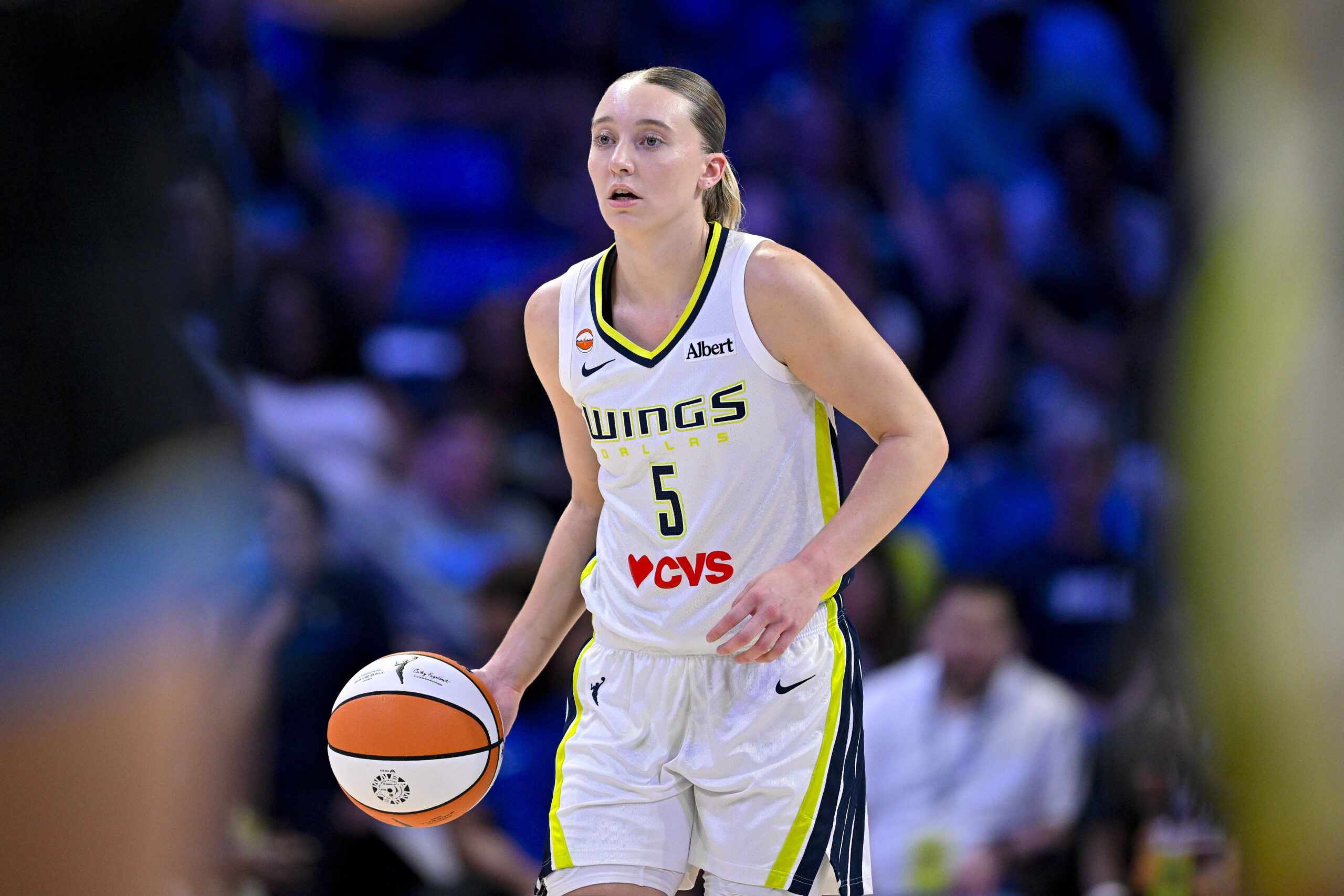 Jun 20, 2026; Arlington, Texas, USA; Dallas Wings guard Paige Bueckers (5) brings the ball up court against the Chicago Sky during the first half at College Park Center. Mandatory Credit: Jerome Miron-Imagn Images