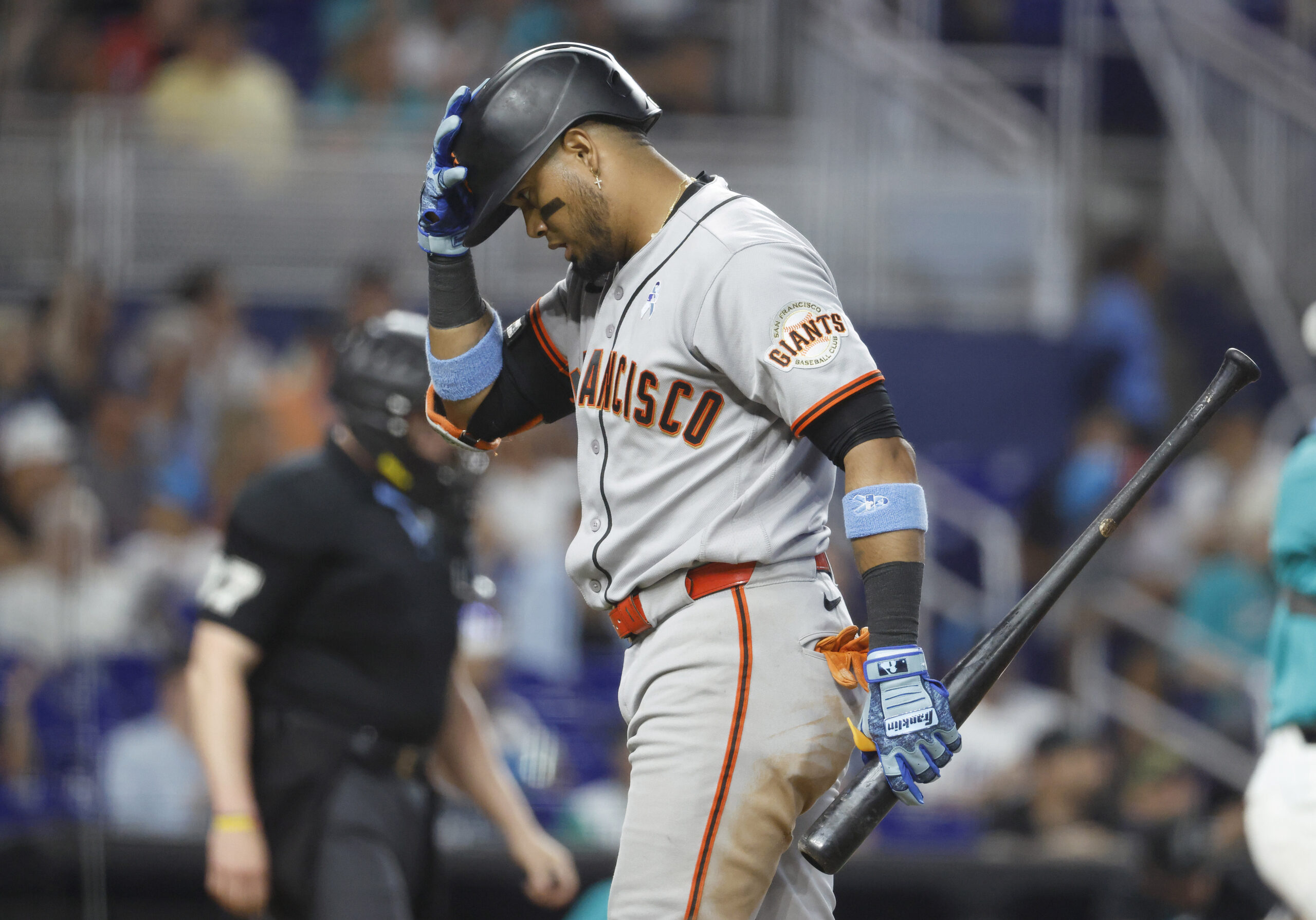 Jun 21, 2026; Miami, Florida, USA; San Francisco Giants second baseman Luis Arraez (1) reacts after lining out against the Miami Marlins during the eighth inning at loanDepot Park. Mandatory Credit: Rhona Wise-Imagn Images