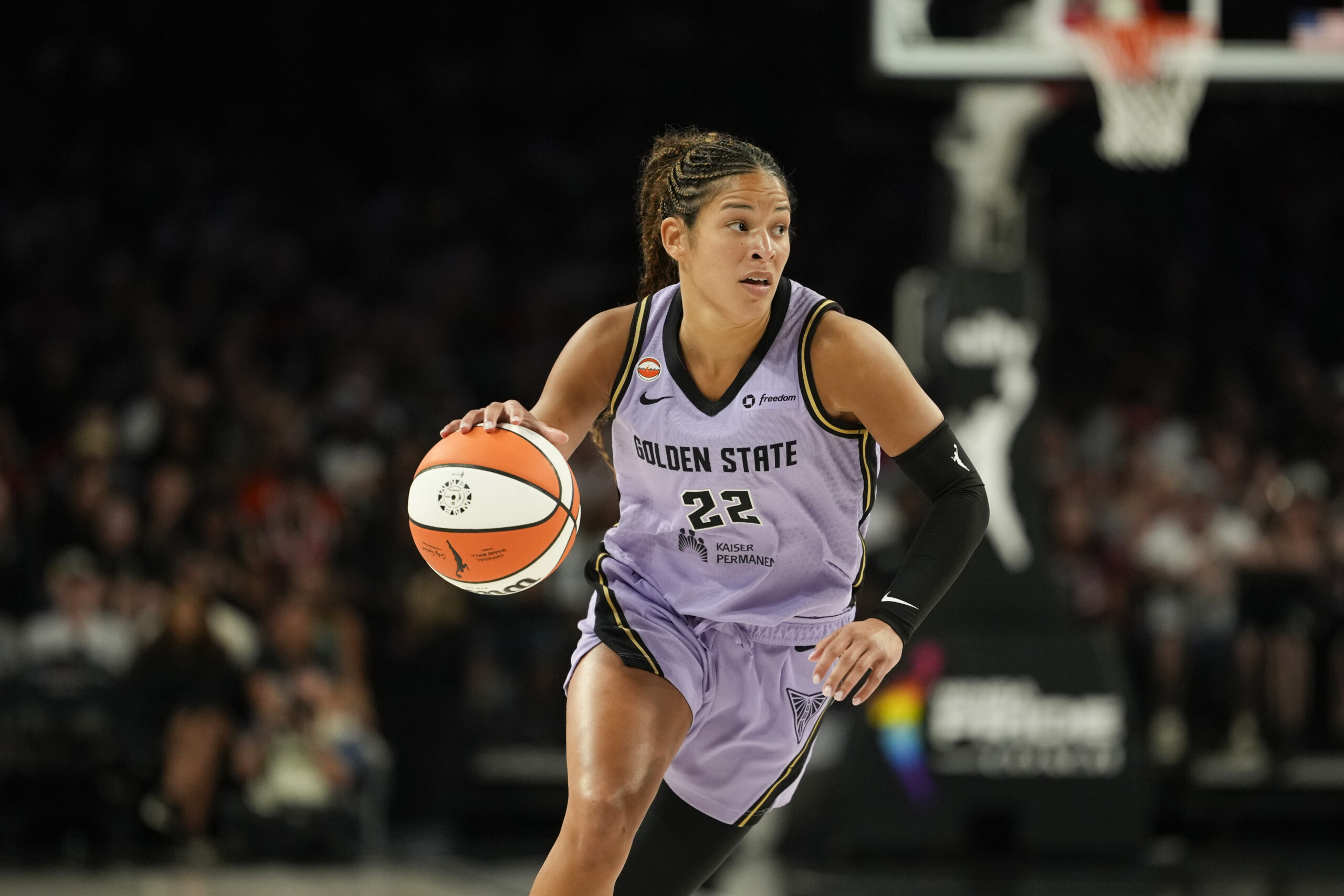 Jun 21, 2026; Las Vegas, Nevada, USA; Golden State Valkyries guard Veronica Burton (22) dribbles the ball against the Las Vegas Aces during the third quarter of a WNBA basketball game at Michelob Ultra Arena. Mandatory Credit: Lucas Peltier-Imagn Images