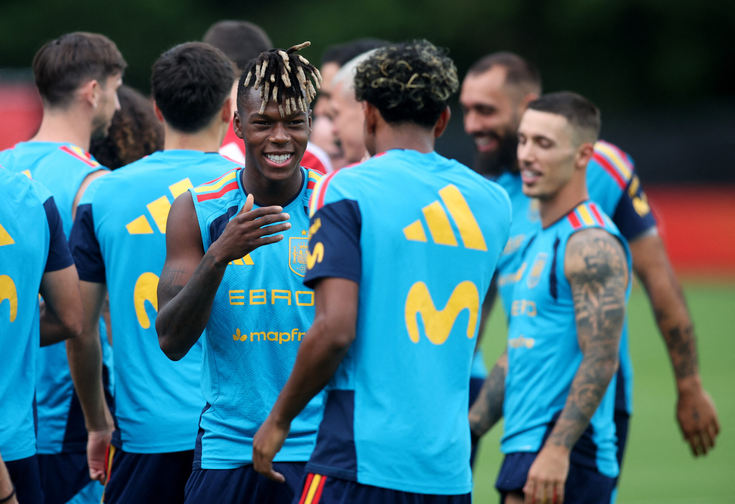 June 22, 2026; Chattanooga, Tennessee, U.S.; Spain's Nico Williams and Lamine Yamal during training.  Mandatory Credit: Brett Davis-Imagn Images