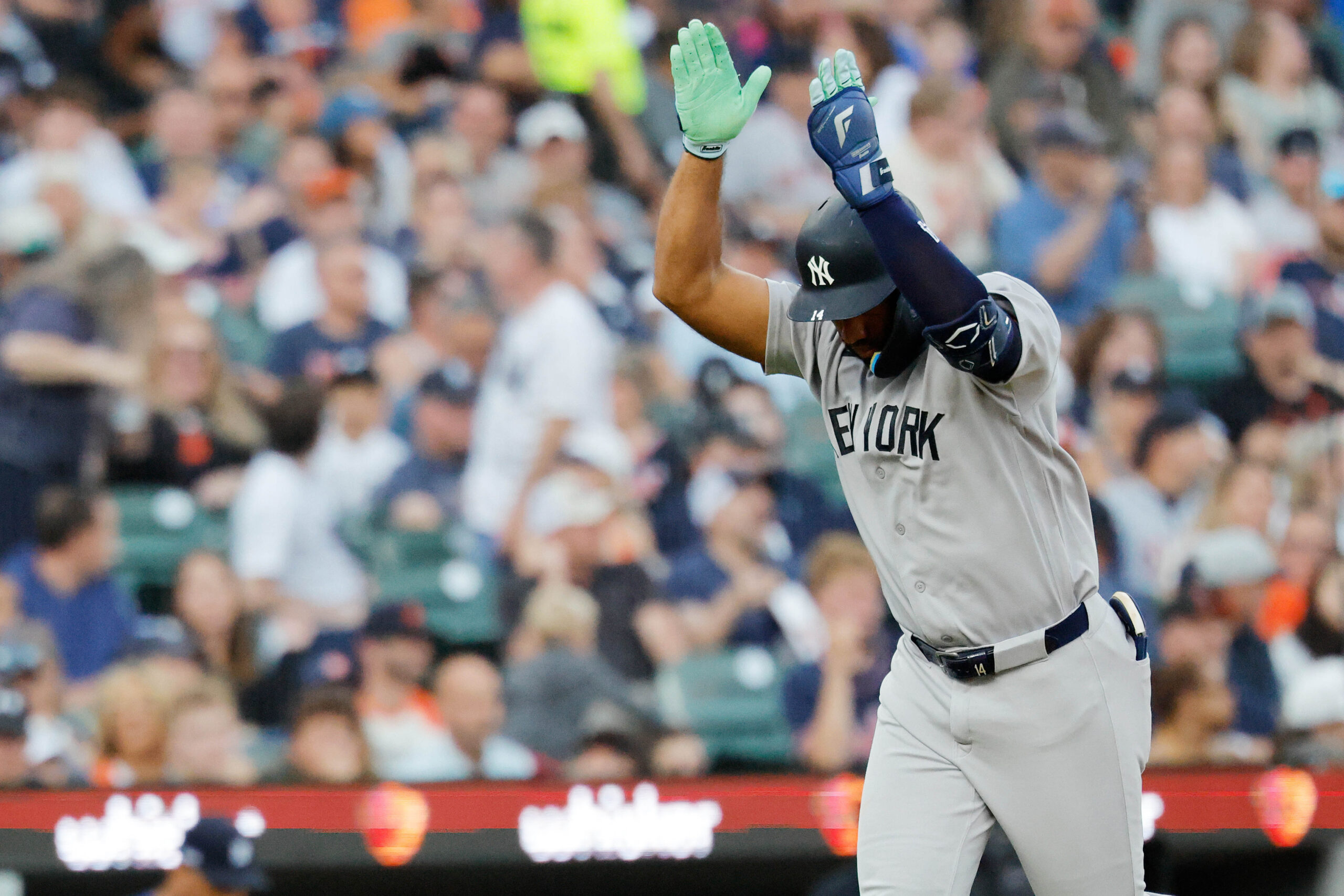 Jun 22, 2026; Detroit, Michigan, USA;  New York Yankees third baseman Amed Rosario (14) celebrates after he hits a two run home run in the seventh inning against the Detroit Tigers at Comerica Park. Mandatory Credit: Rick Osentoski-Imagn Images