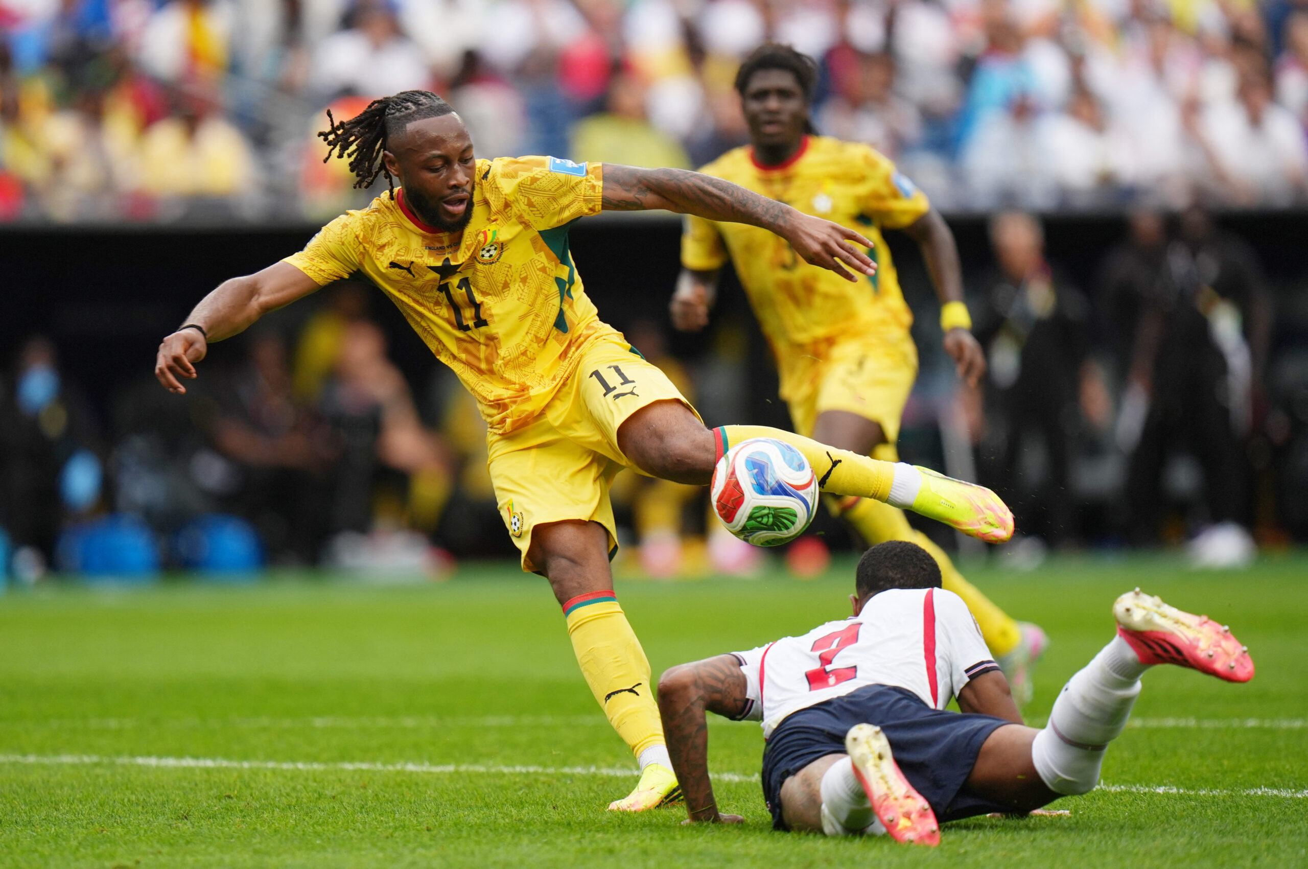 June 23, 2026; Foxborough, Massachusetts, U.S.; Ghana's Antoine Semenyo in action with England's Ezri Konsa. Mandatory Credit: David Butler Ii-Imagn Images