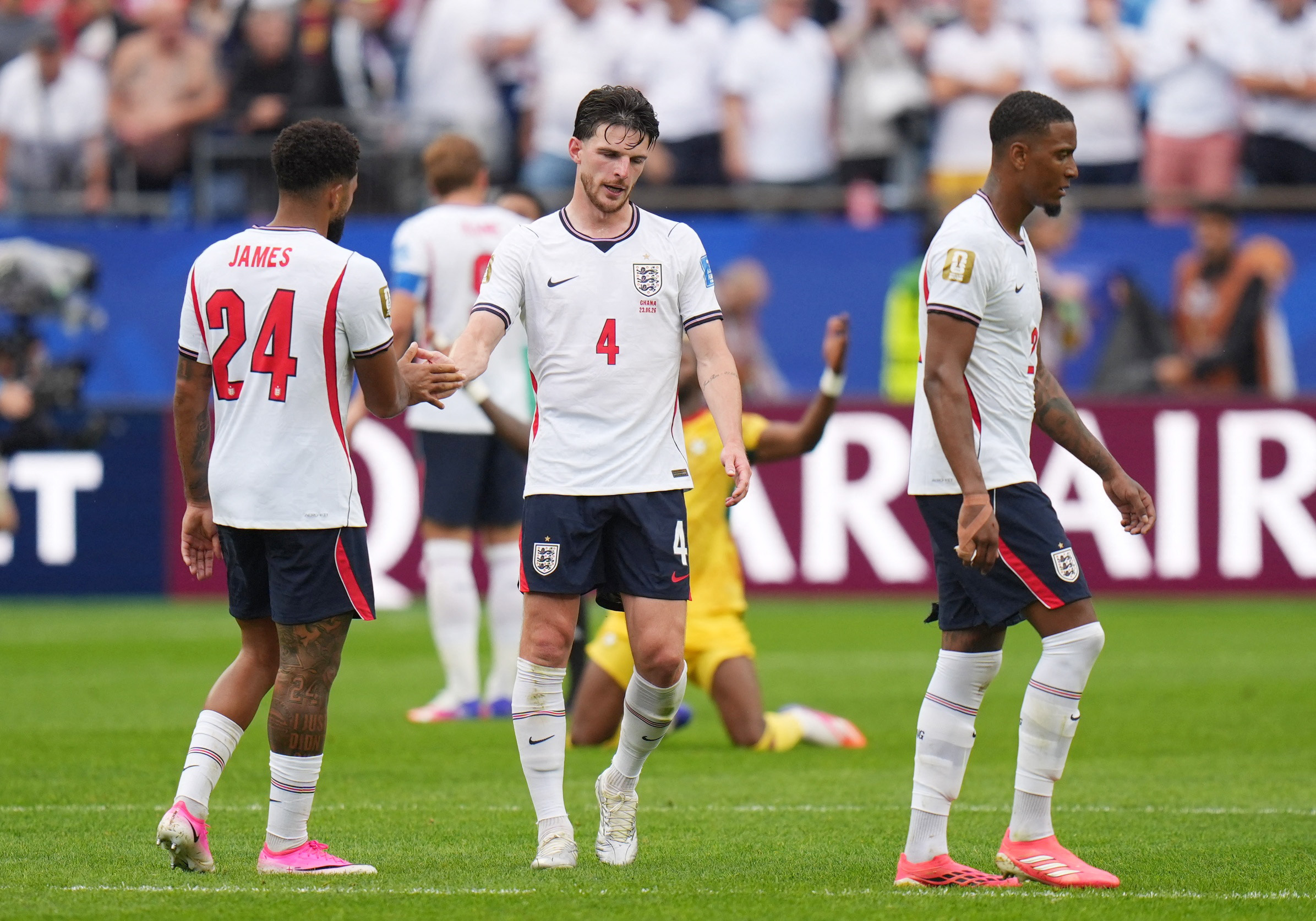 June 23, 2026; Foxborough, Massachusetts, U.S.; England's Declan Rice, Reece James and Ezri Konsa look dejected after the match.  Mandatory Credit: David Butler Ii-Imagn Images