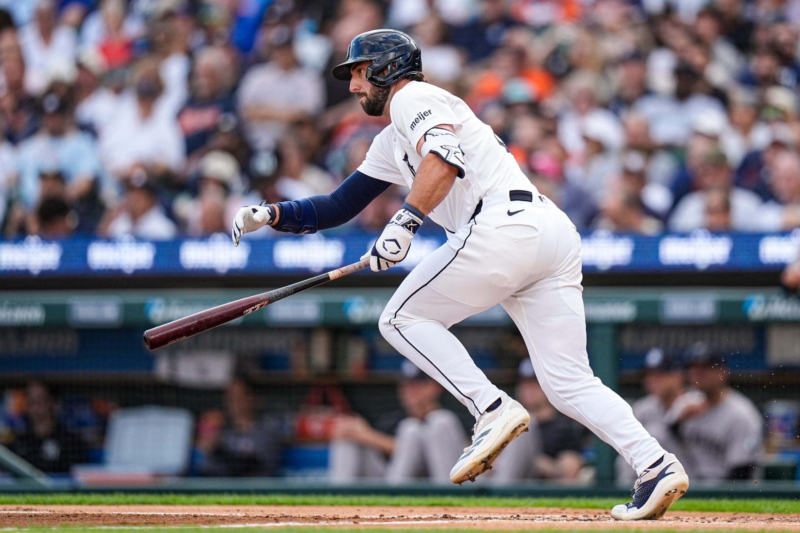 Detroit Tigers center fielder Matt Vierling (8) runs after batting against New York Yankees during the first inning at Comerica Park in Detroit on Tuesday, June 23, 2026.