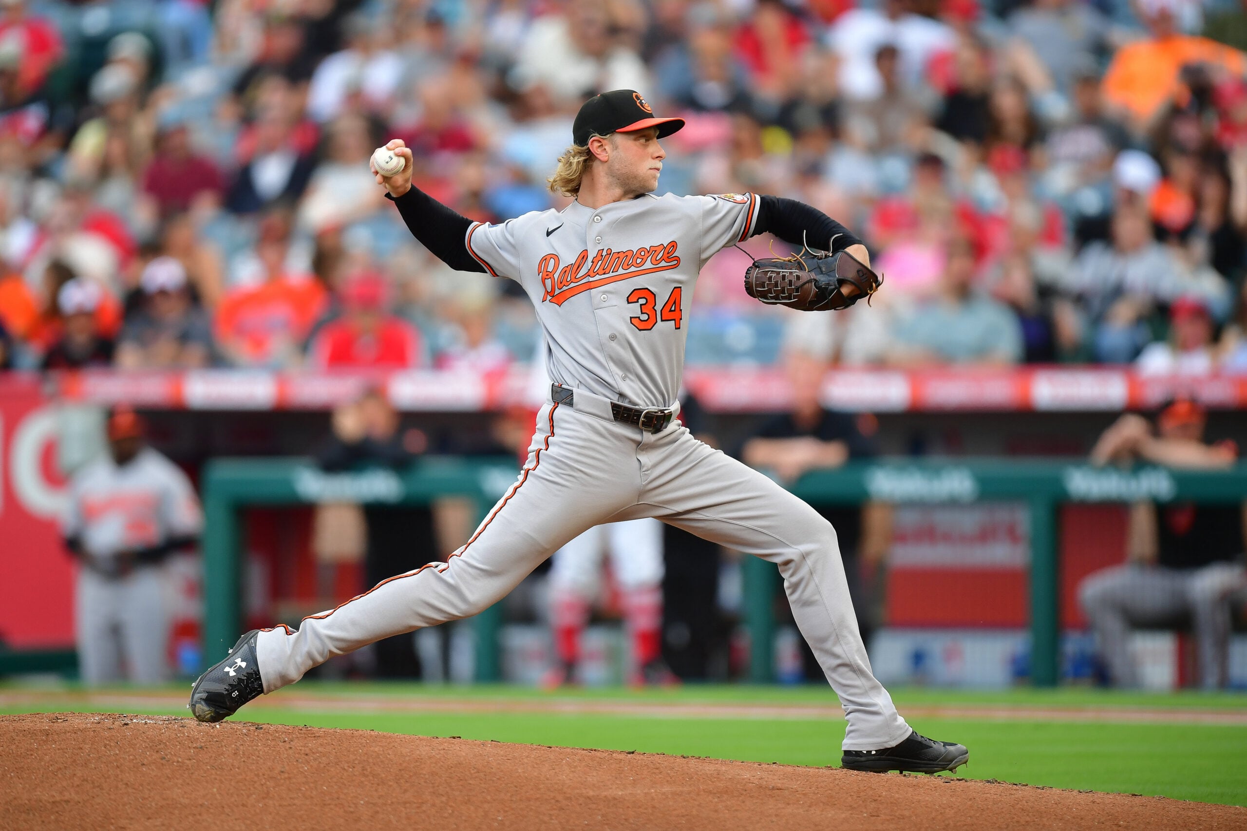 Jun 23, 2026; Anaheim, California, USA; Baltimore Orioles pitcher Shane Baz (34) throws against the Los Angeles Angels during the first inning at Angel Stadium. Mandatory Credit: Gary A. Vasquez-Imagn Images