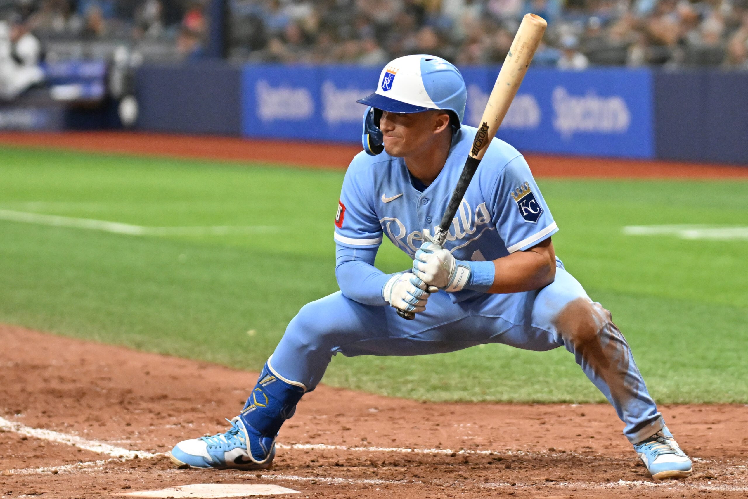 Jun 24, 2026; St. Petersburg, Florida, USA; Kansas City Royals left fielder Isaac Collins (1) reacts after getting called out on strikes in the fifth inning against the Tampa Bay Rays at Tropicana Field. Mandatory Credit: Jonathan Dyer-Imagn Images