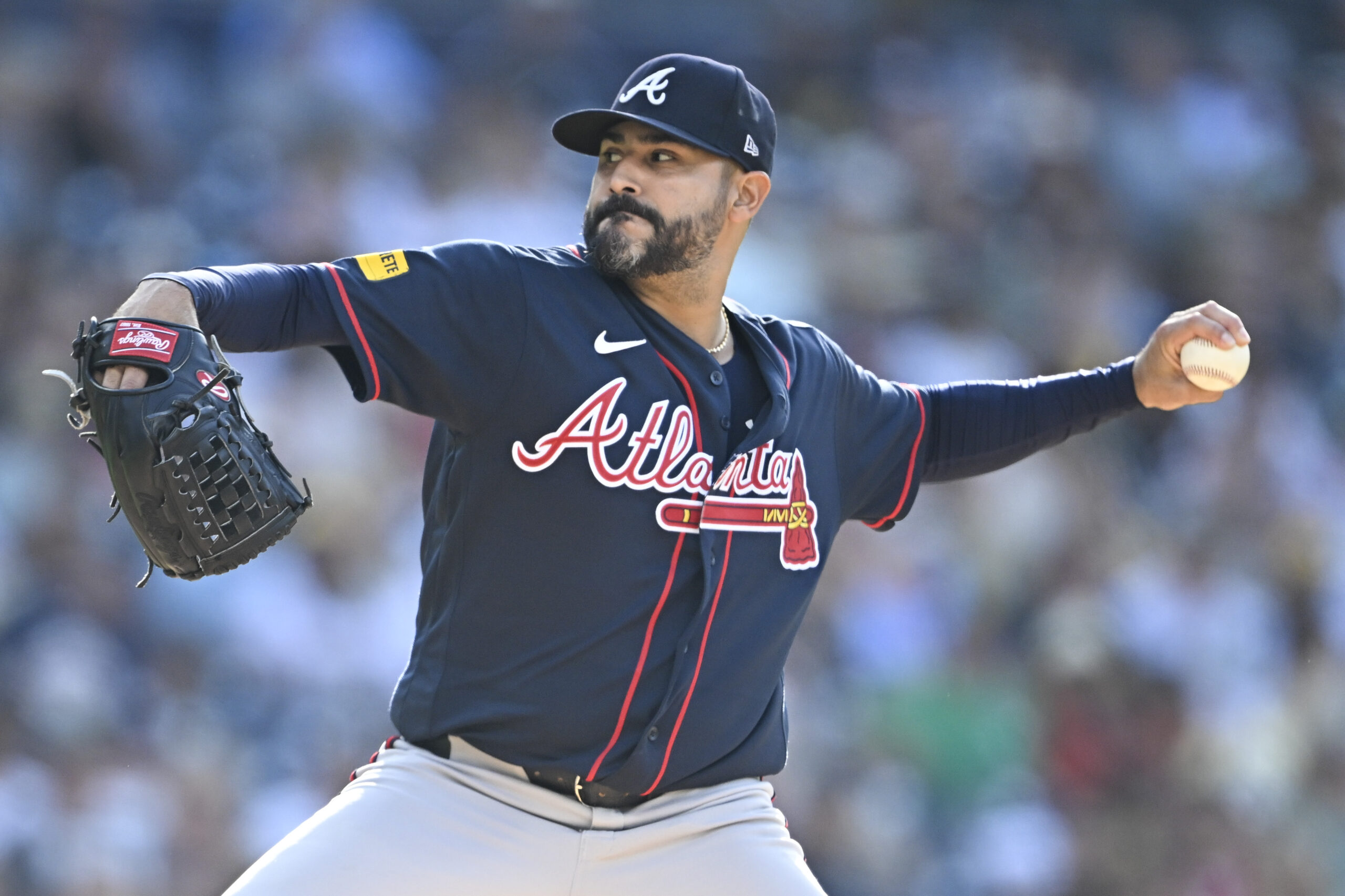 Jun 24, 2026; San Diego, California, USA; Atlanta Braves pitcher Martín Pérez (33) during the first inning against the San Diego Padres at Petco Park. Mandatory Credit: Denis Poroy-Imagn Images