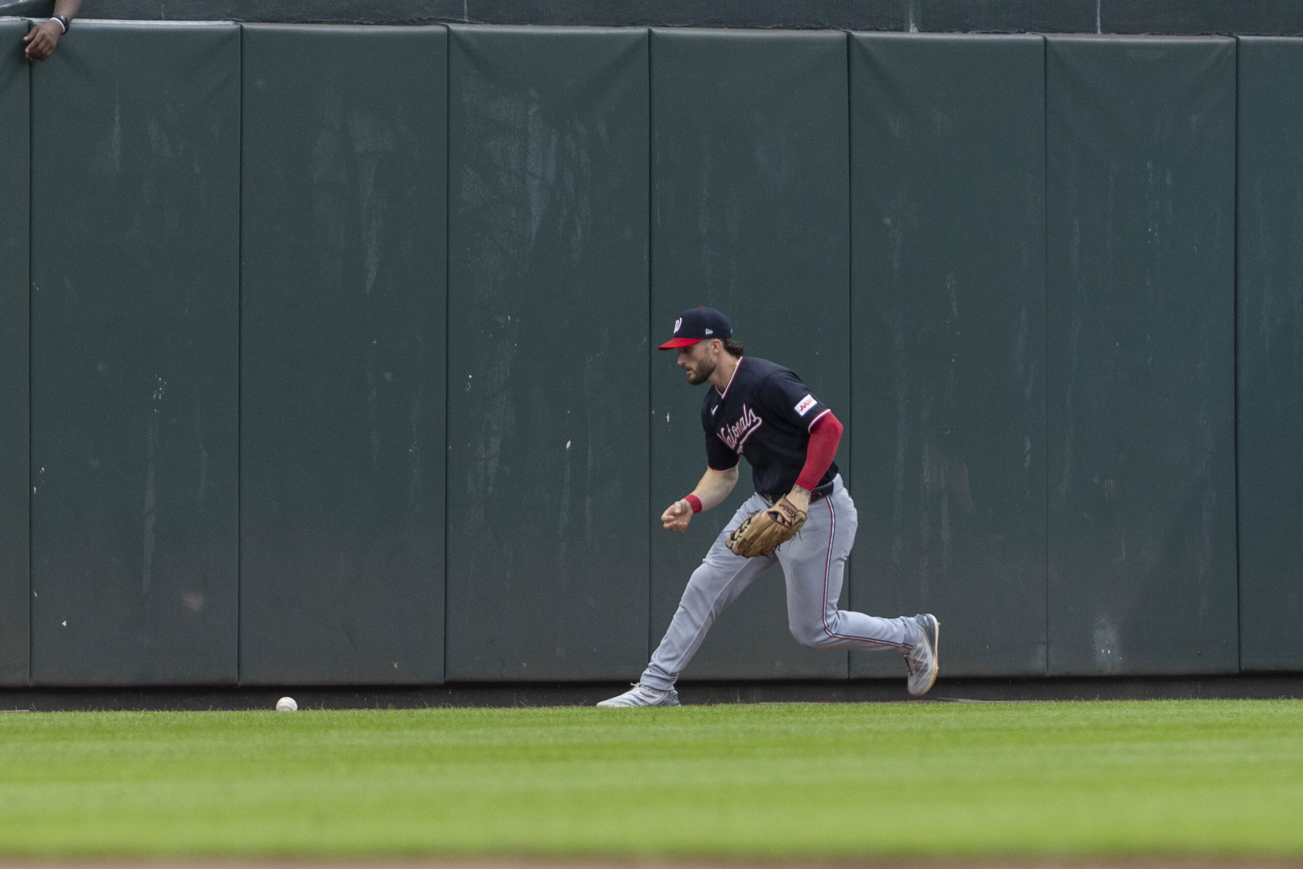 Jun 26, 2026; Baltimore, Maryland, USA; Washington Nationals left fielder Dylan Crews (3) fielding the ball hit by Baltimore Orioles right fielder Tyler O’Neill (9) in the second inning against the Baltimore Orioles at Oriole Park at Camden Yards. Mandatory Credit: Lexi Thompson-Imagn Images