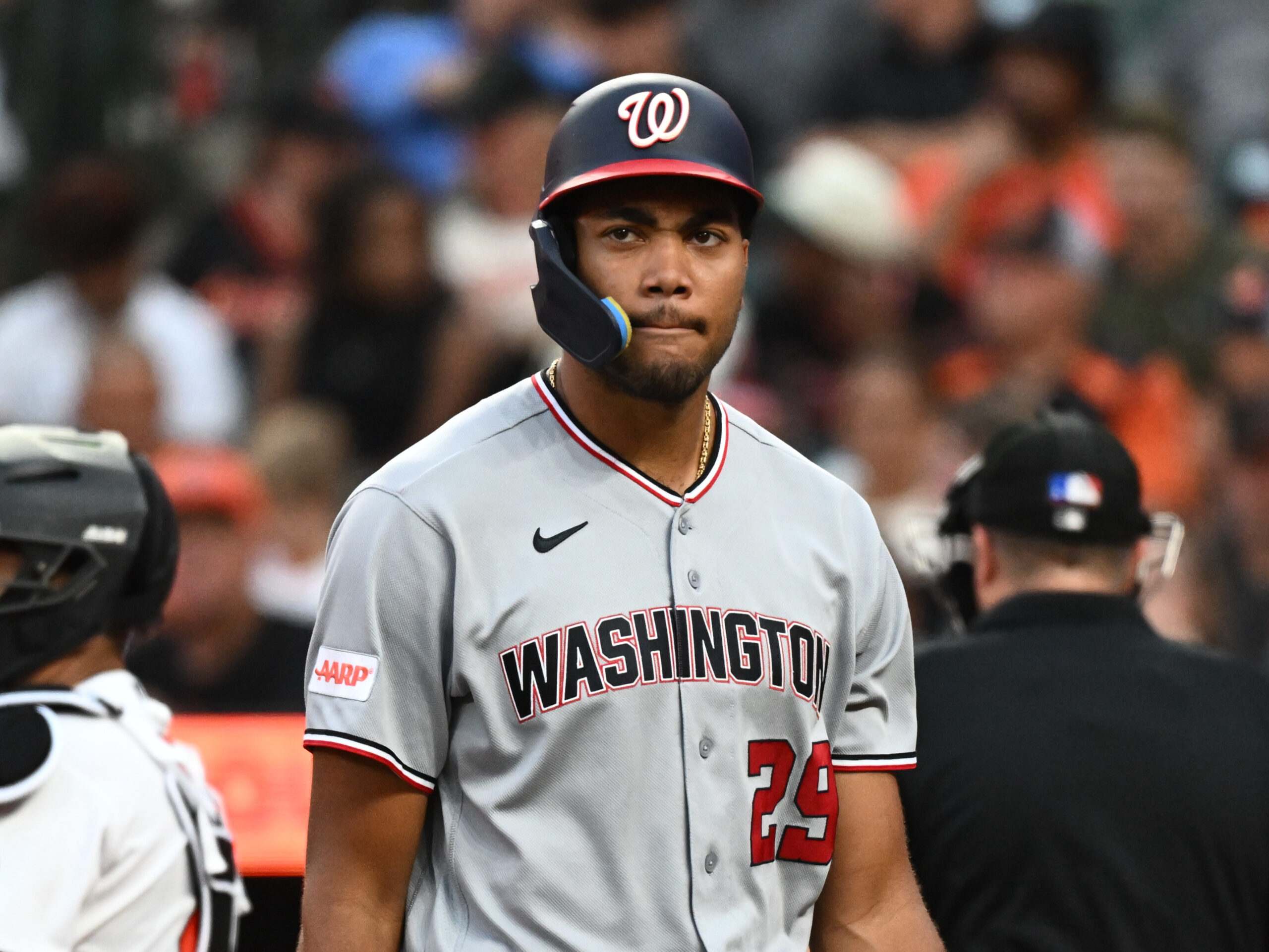 Jun 27, 2026; Baltimore, Maryland, USA; Washington Nationals right fielder James Wood (29) looks over the field during the third inning against the Baltimore Orioles at Oriole Park at Camden Yards. Mandatory Credit: James A. Pittman-Imagn Images