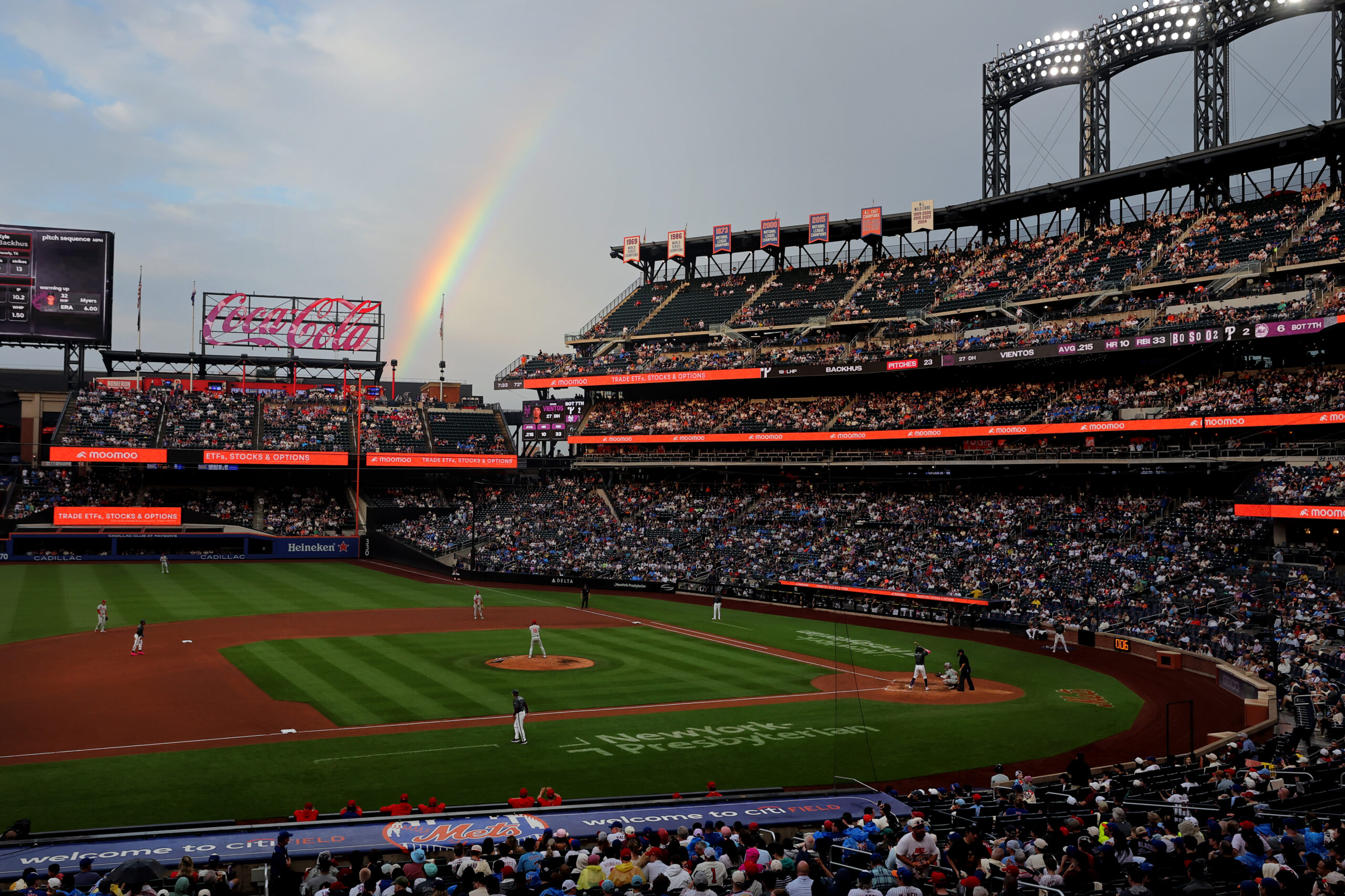 Jun 27, 2026; New York City, New York, USA; General view of a rainbow over Citi Field during the seventh inning between the New York Mets and Philadelphia Phillies at Citi Field. Mandatory Credit: Brad Penner-Imagn Images
