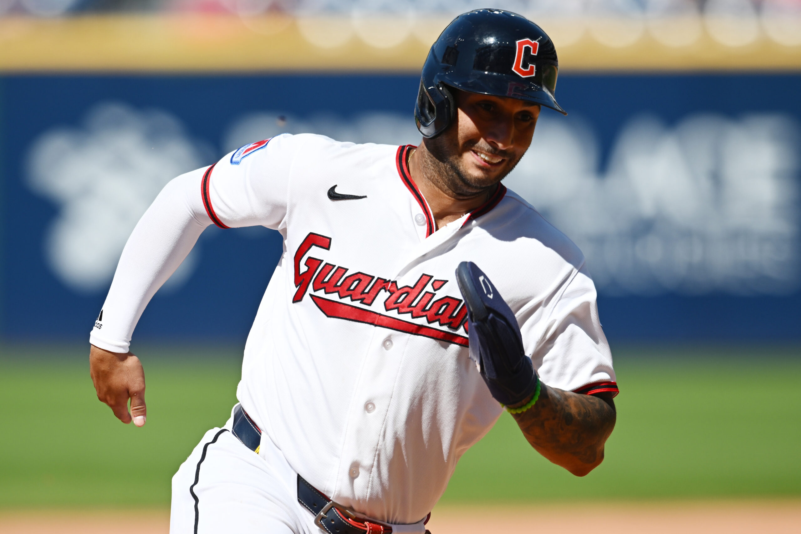 Jun 28, 2026; Cleveland, Ohio, USA; Cleveland Guardians shortstop Brayan Rocchio (4) rounds third base en route to scoring  during the eighth inning against the Seattle Mariners at Progressive Field. Mandatory Credit: Ken Blaze-Imagn Images