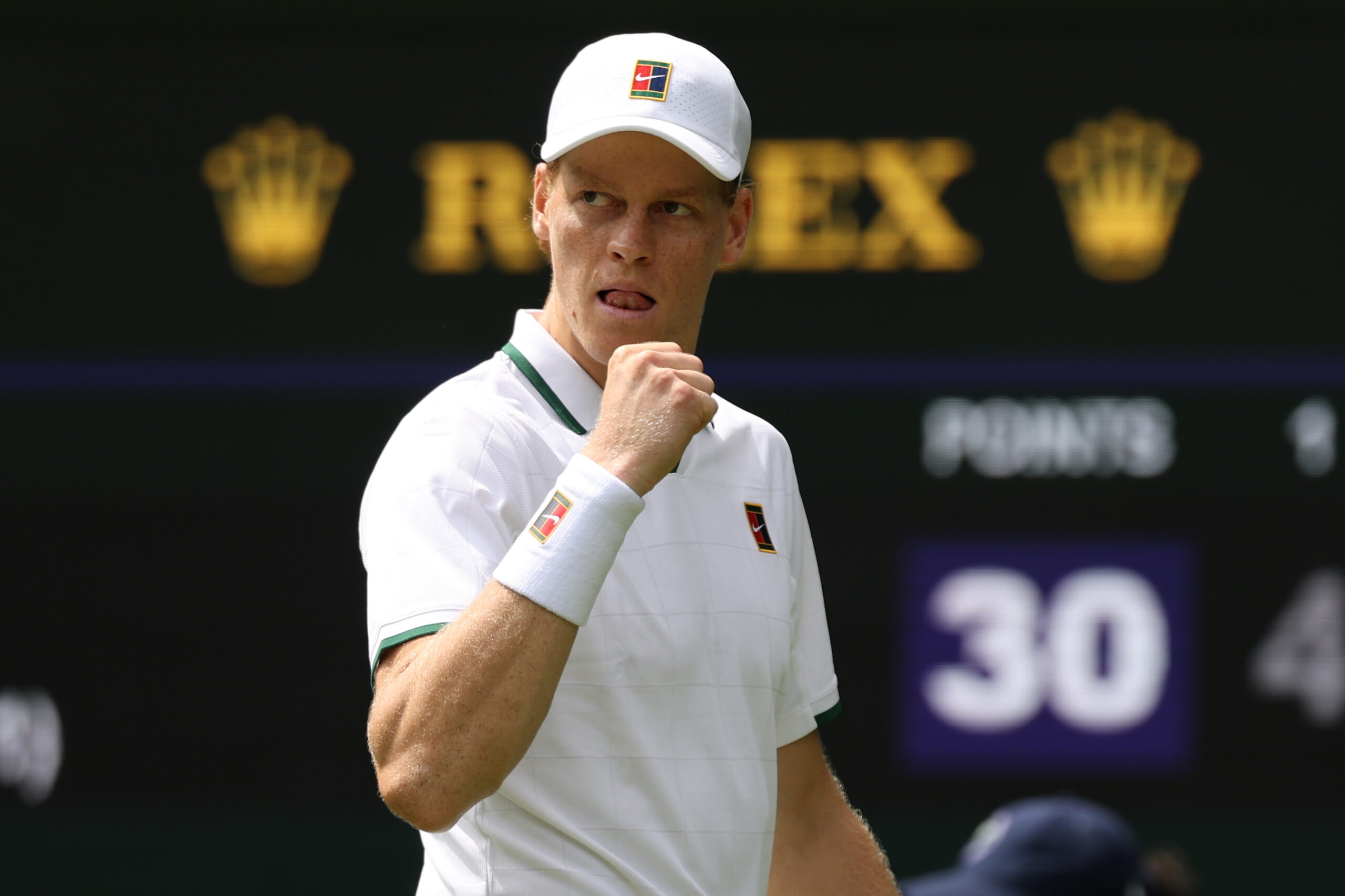 Jun 29, 2026; London, United Kingdom; Jannik Sinner (ITA) reacts after winning a point against Miomir Kecmanovic (SRB) (not pictured) on day one of The Championships Wimbledon 2026  at All England Lawn Tennis and Croquet Club. Mandatory Credit: Geoff Burke-Imagn Images