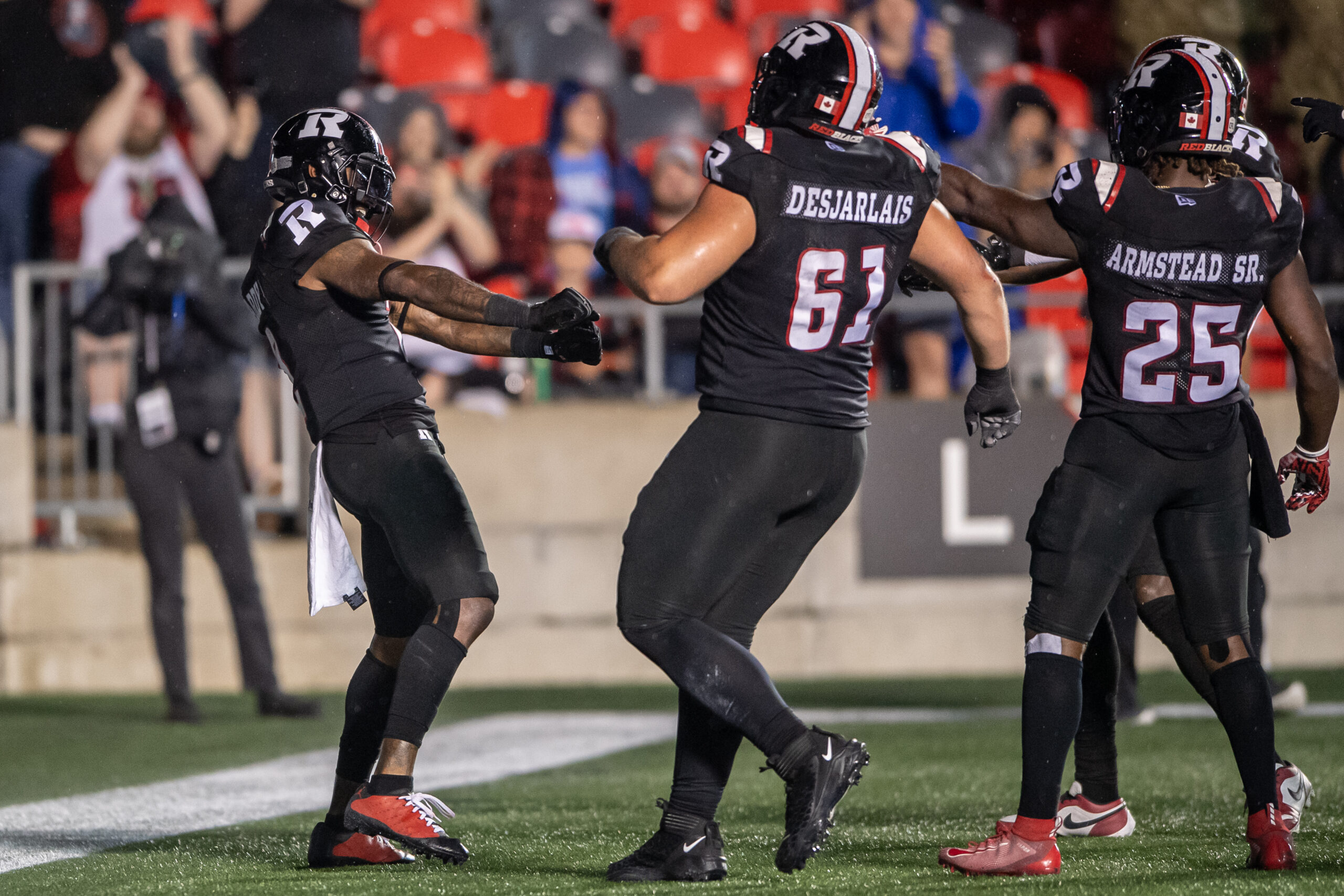 Jun 13, 2024; Ottawa, Ontario, CAN; Ottawa REDBLACKS wide receiver Justin Hardy (2) celebrates his touchdown in the second half against Winnipeg Blue Bombers at TD Place. Mandatory Credit: Marc DesRosiers-Imagn Images