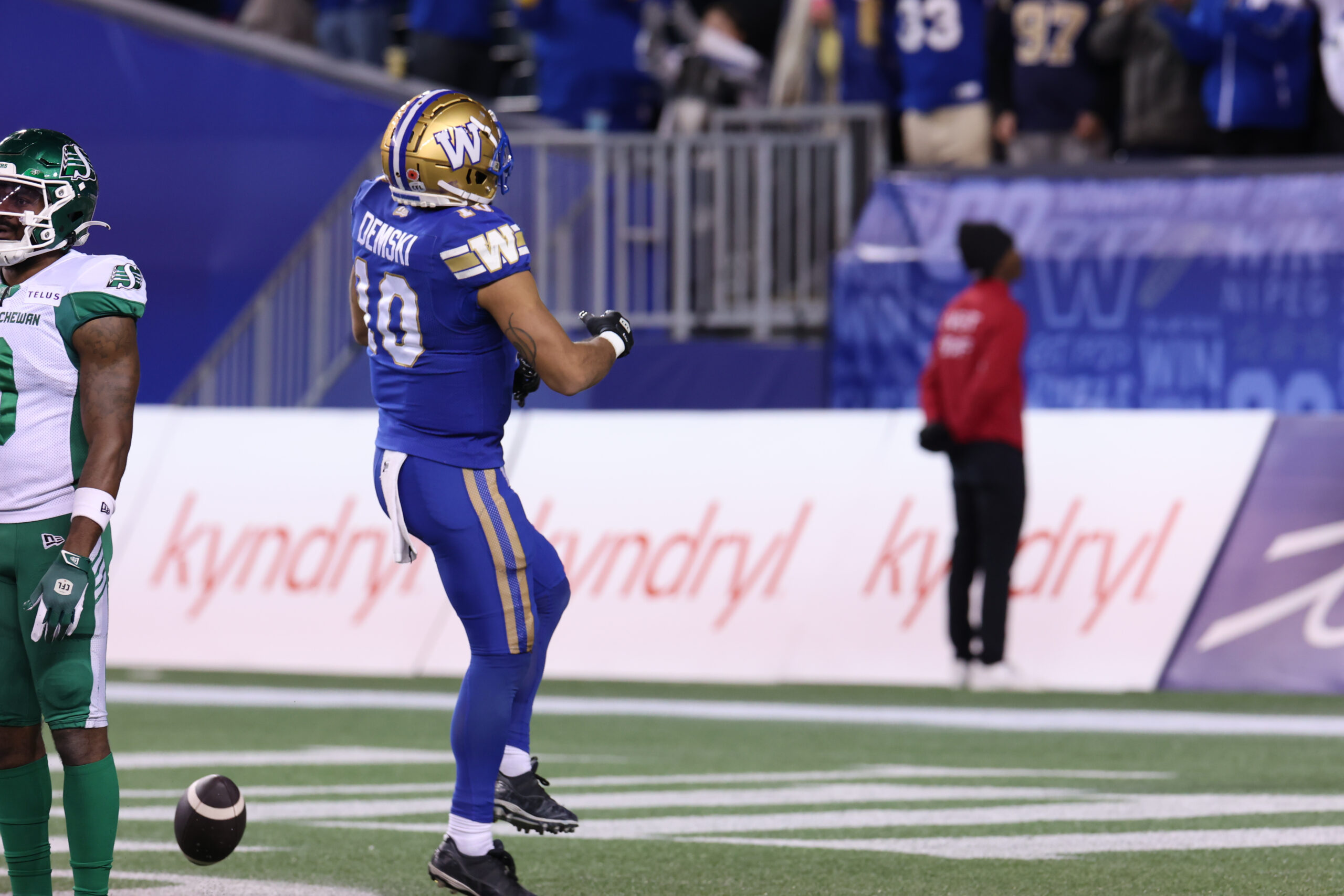 Nov 9, 2024; Winnipeg, Manitoba, CAN;  Winnipeg Blue Bombers wide receiver Nic Demski (10) celebrates his touchdown with teammates during the first half of the game between the Winnipeg Blue Bombers and the Saskatchewan Roughriders at Princess Auto Stadium. Mandatory Credit: Bruce Fedyck-Imagn Images