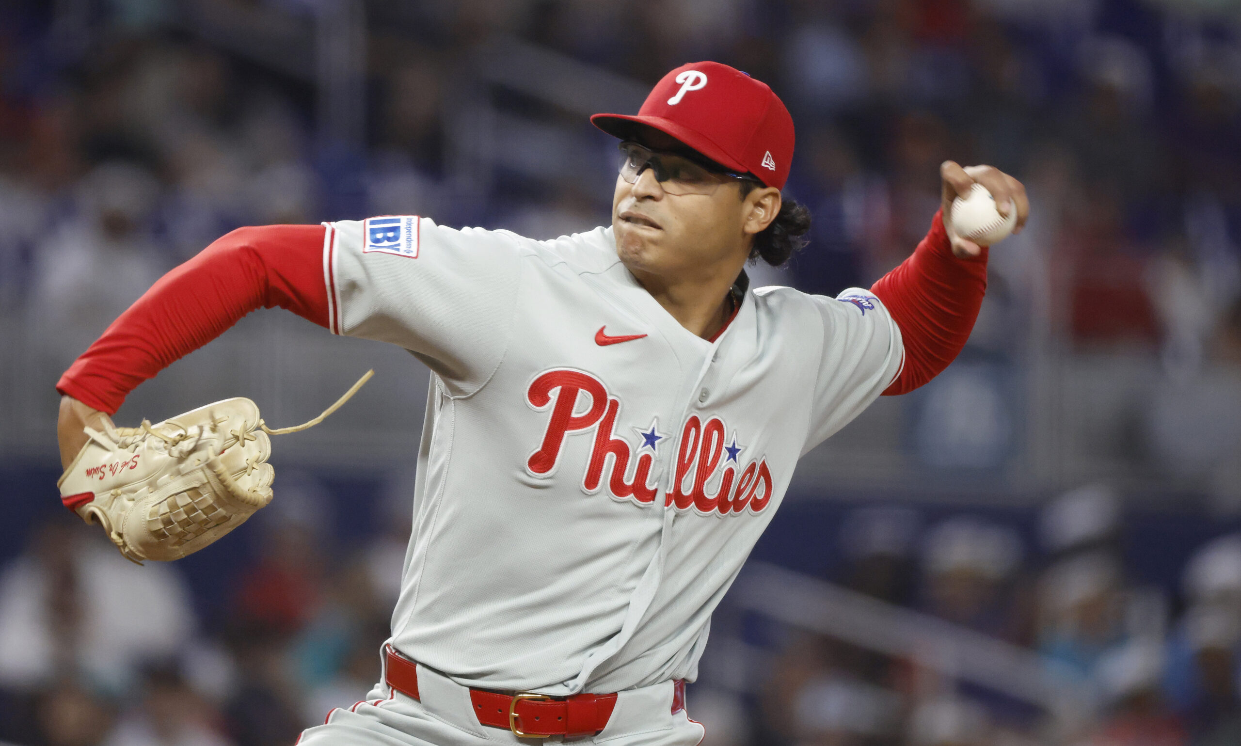May 3, 2026; Miami, Florida, USA; Philadelphia Phillies starting pitcher Jesus Luzardo (44) throws against the Miami Marlins during the first inning at loanDepot Park. Mandatory Credit: Rhona Wise-Imagn Images