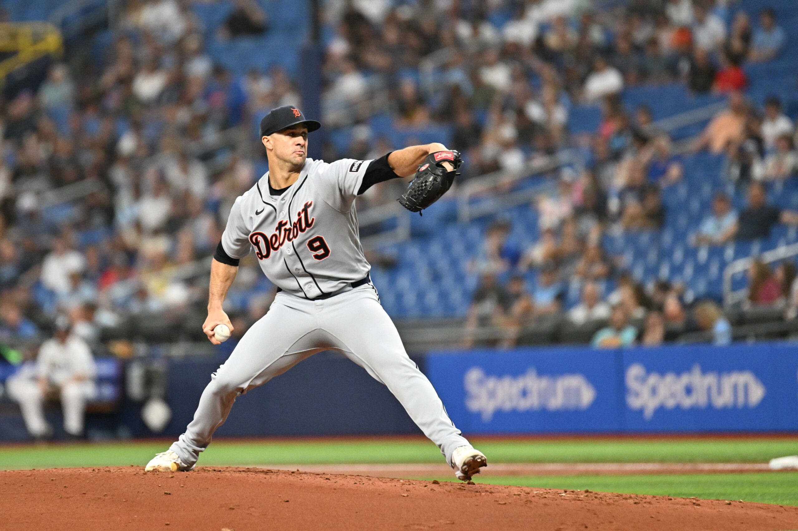 Jun 2, 2026; St. Petersburg, Florida, USA;  Detroit Tigers starting pitcher Jack Flaherty (9) throws a pitch in the first inning against the Tampa Bay Rays at Tropicana Field. Mandatory Credit: Jonathan Dyer-Imagn Images