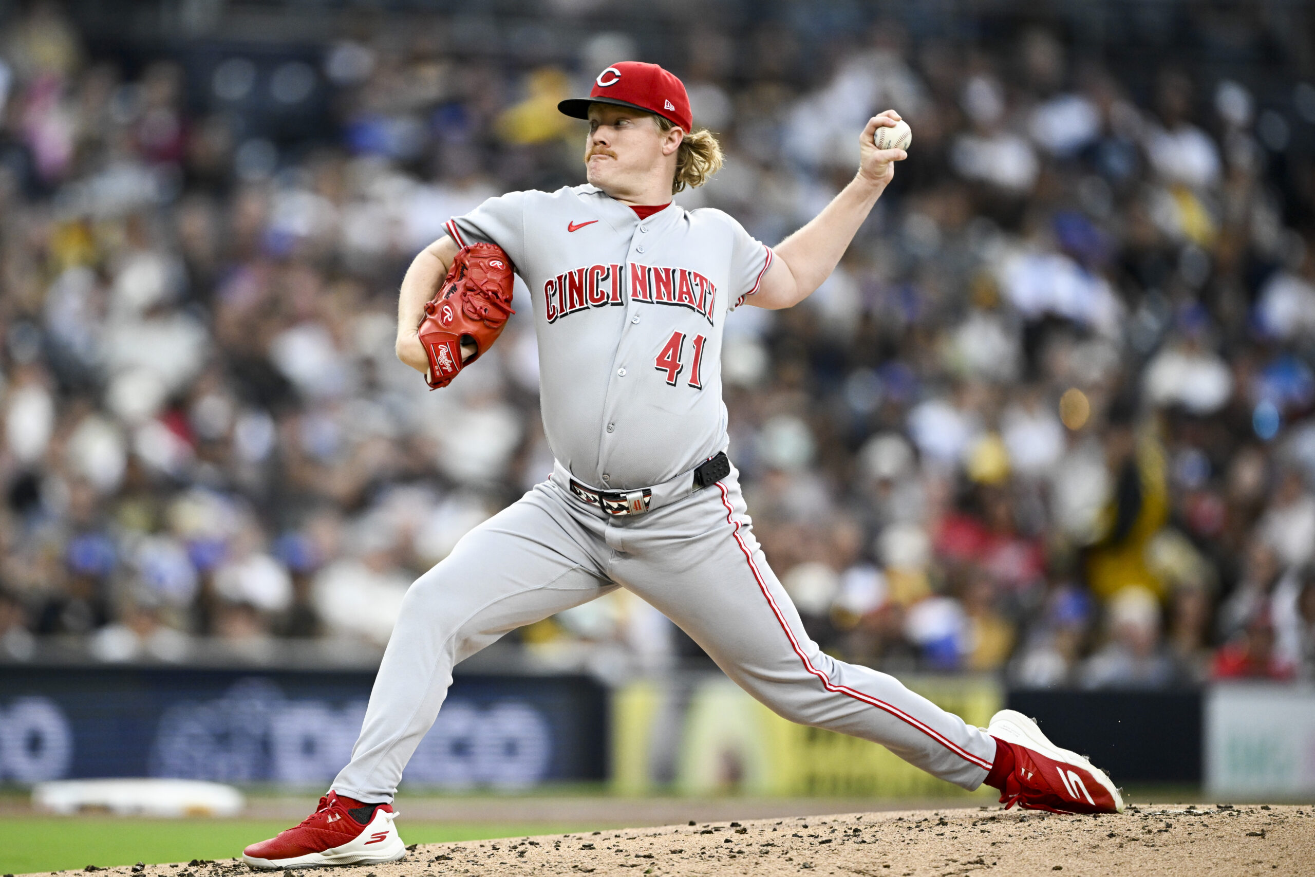 Jun 8, 2026; San Diego, California, USA; Cincinnati Reds pitcher Andrew Abbott (41) delivers during the second inning against the San Diego Padres at Petco Park. Mandatory Credit: Denis Poroy-Imagn Images
