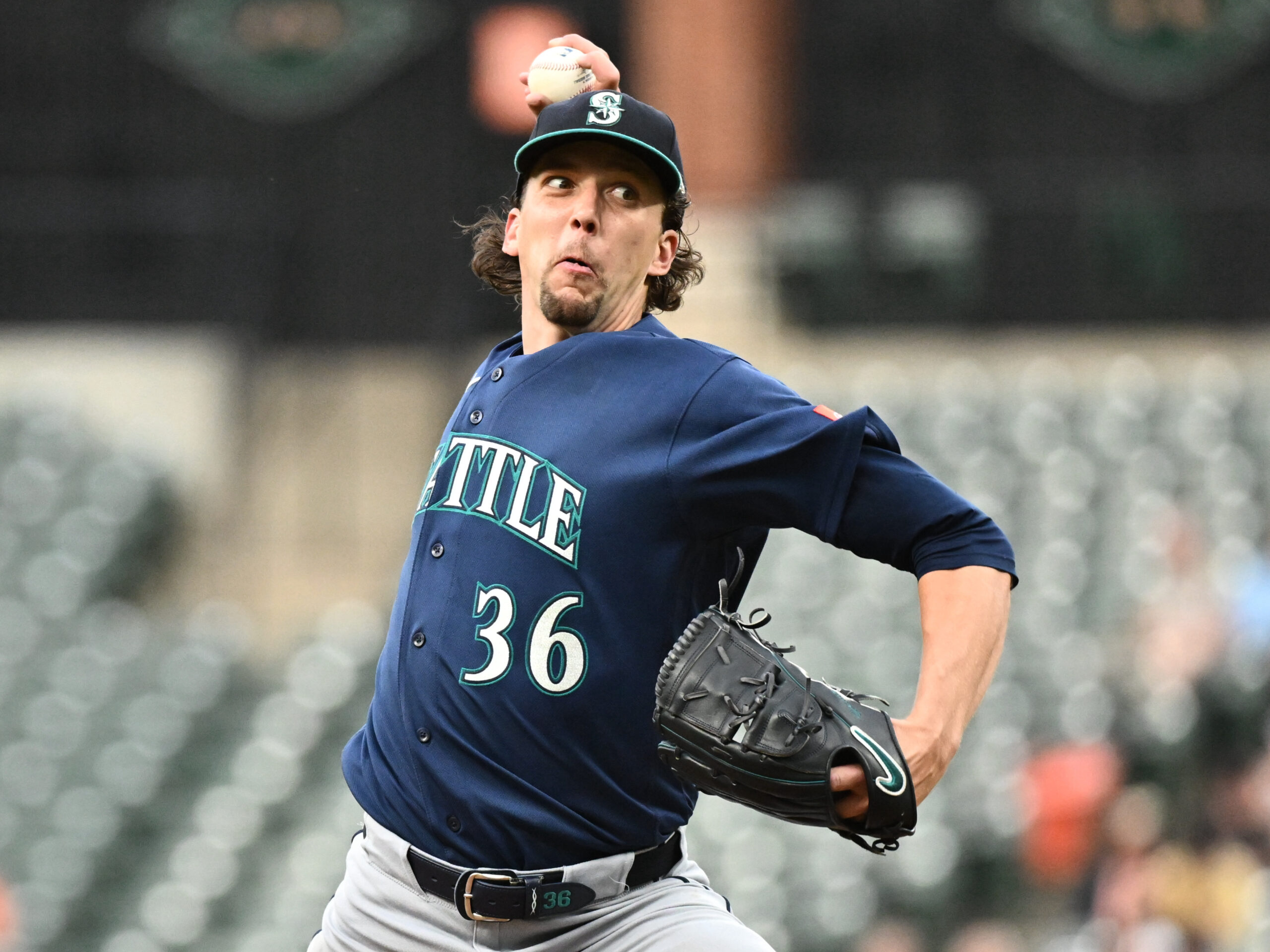 Jun 9, 2026; Baltimore, Maryland, USA;  Seattle Mariners pitcher Logan Gilbert (36) delivers a pitch during the second inning against the Baltimore Orioles at Oriole Park at Camden Yards. Mandatory Credit: James A. Pittman-Imagn Images