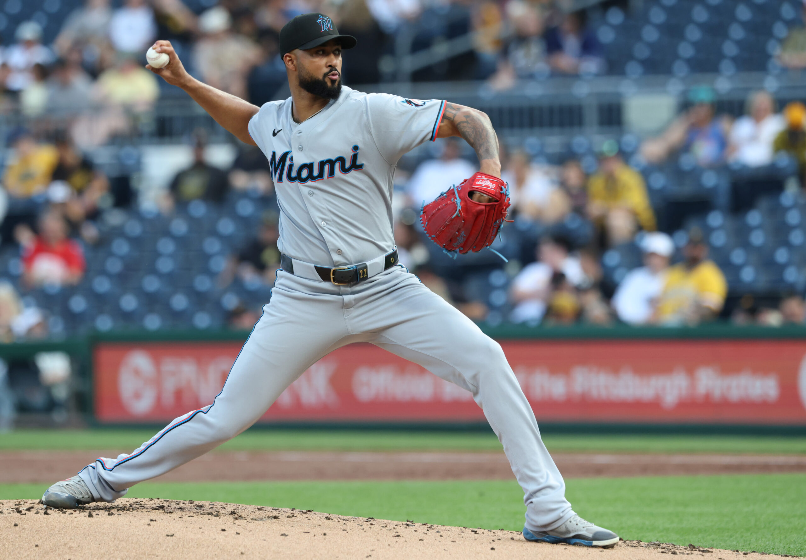 Jun 11, 2026; Pittsburgh, Pennsylvania, USA; Miami Marlins starting pitcher Sandy Alcantara (22) delivers a pitch against the Pittsburgh Pirates during the first inning at PNC Park. Mandatory Credit: Charles LeClaire-Imagn Images