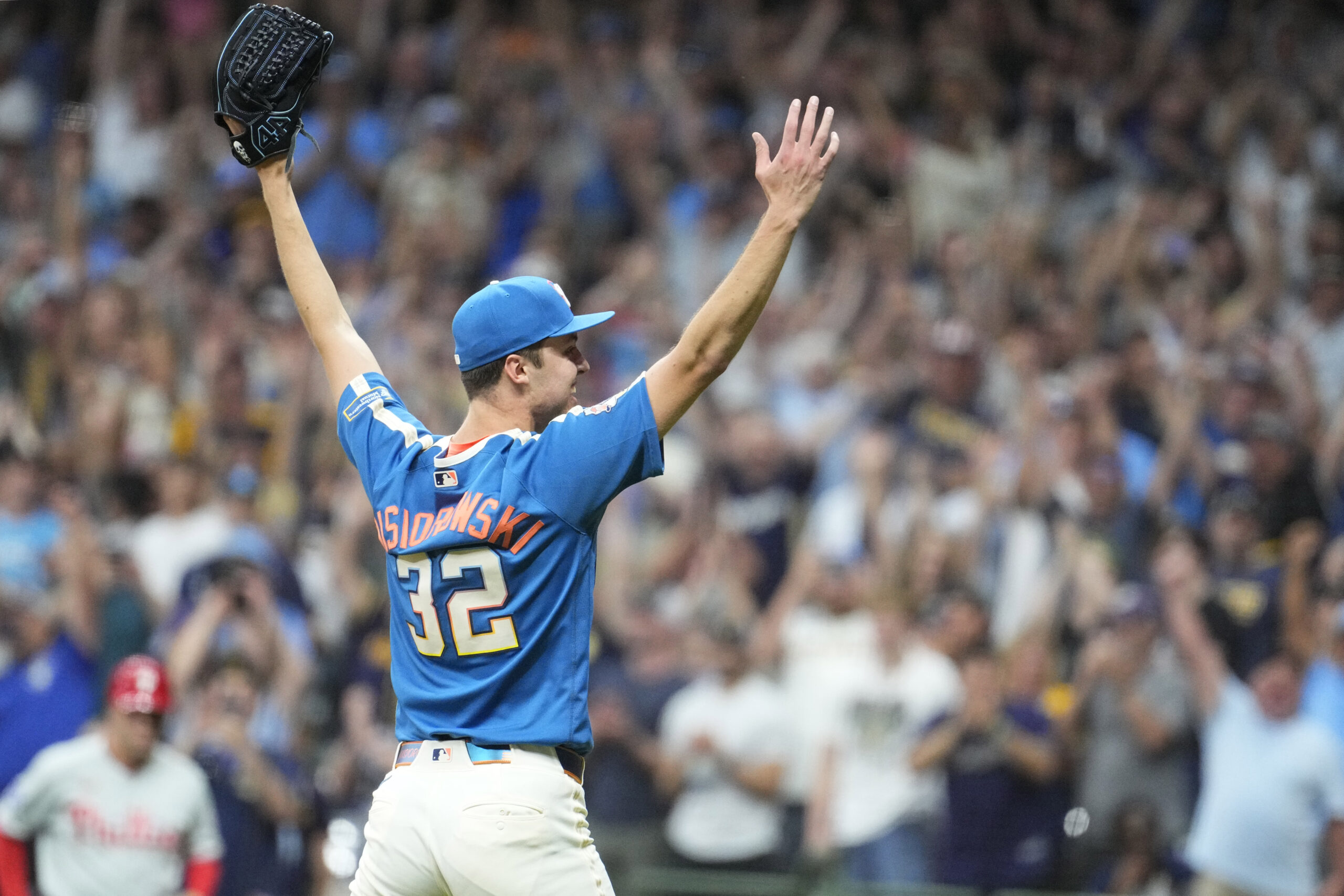 Jun 12, 2026; Milwaukee, Wisconsin, USA; Milwaukee Brewers pitcher Jacob Misiorowski (32) celebrate a nine innings 6-0 win over the Philadelphia Phillies at American Family Field. Misiorowski (32) pitched all nine innings of the game. Mandatory Credit: Michael McLoone-Imagn Images