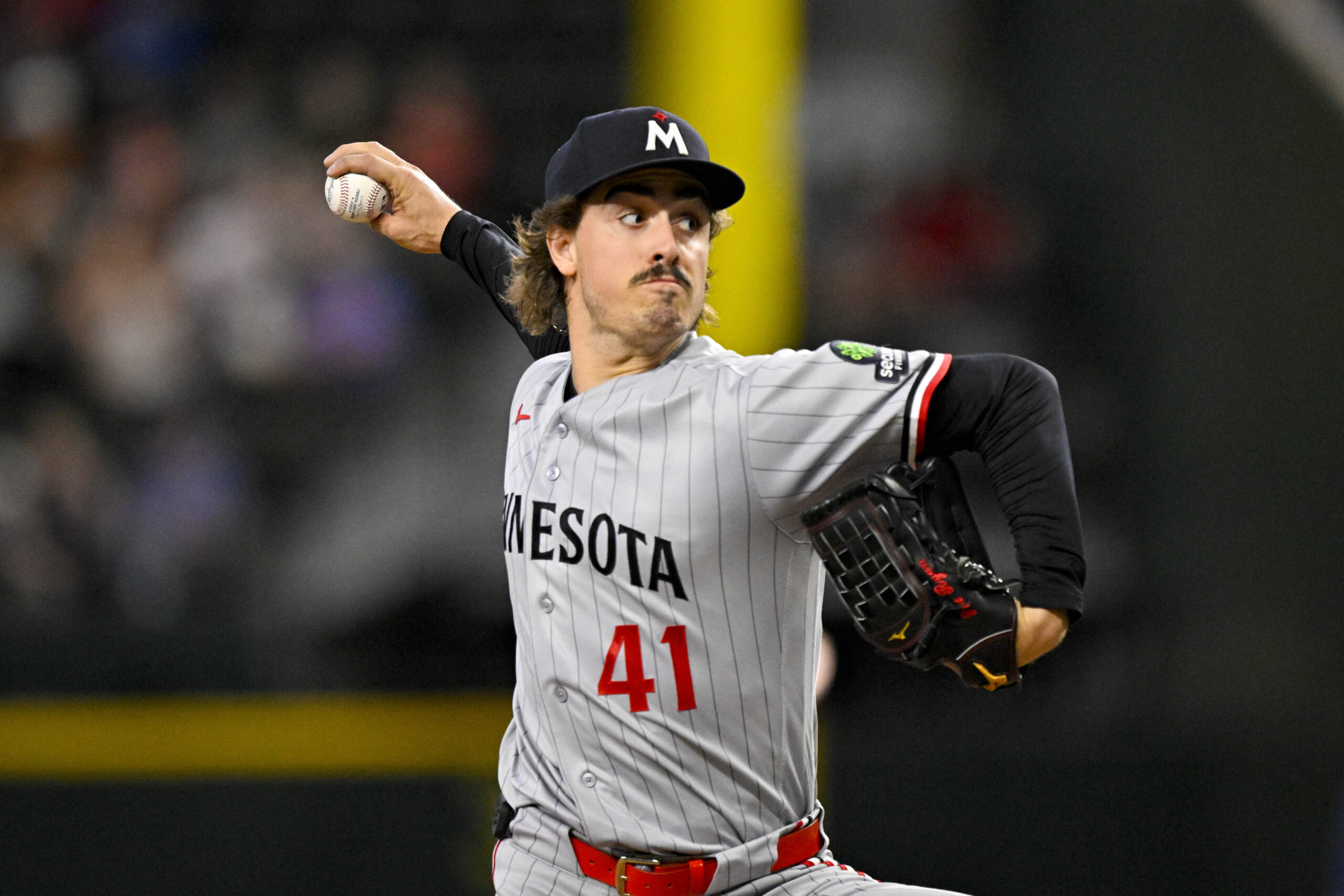 Jun 18, 2026; Arlington, Texas, USA; Minnesota Twins starting pitcher Joe Ryan (41) pitches against the Texas Rangers during the third inning at Globe Life Field. Mandatory Credit: Jerome Miron-Imagn Images