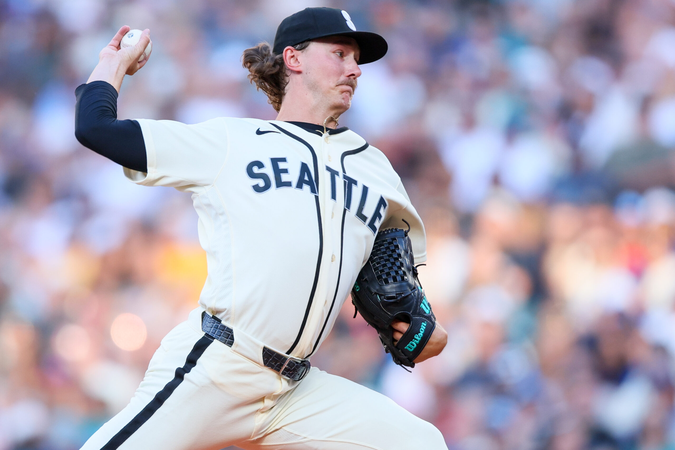 Jun 19, 2026; Seattle, Washington, USA; Seattle Mariners pitcher Bryce Miller (50) delivers in the second inning against the Boston Red Sox at T-Mobile Park. Mandatory Credit: Kevin Ng-Imagn Images