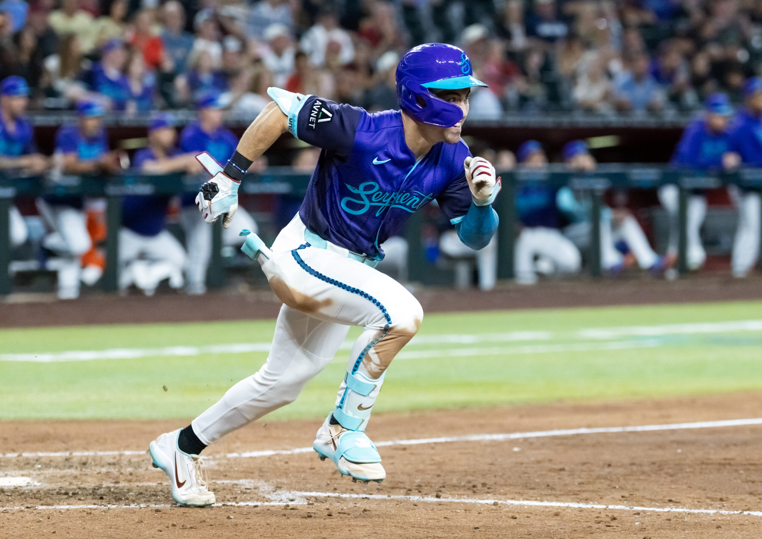Jun 19, 2026; Phoenix, Arizona, USA; Arizona Diamondbacks outfielder Corbin Carroll hits a three run triple in the eighth inning against the Minnesota Twins at Chase Field. Mandatory Credit: Mark J. Rebilas-Imagn Images