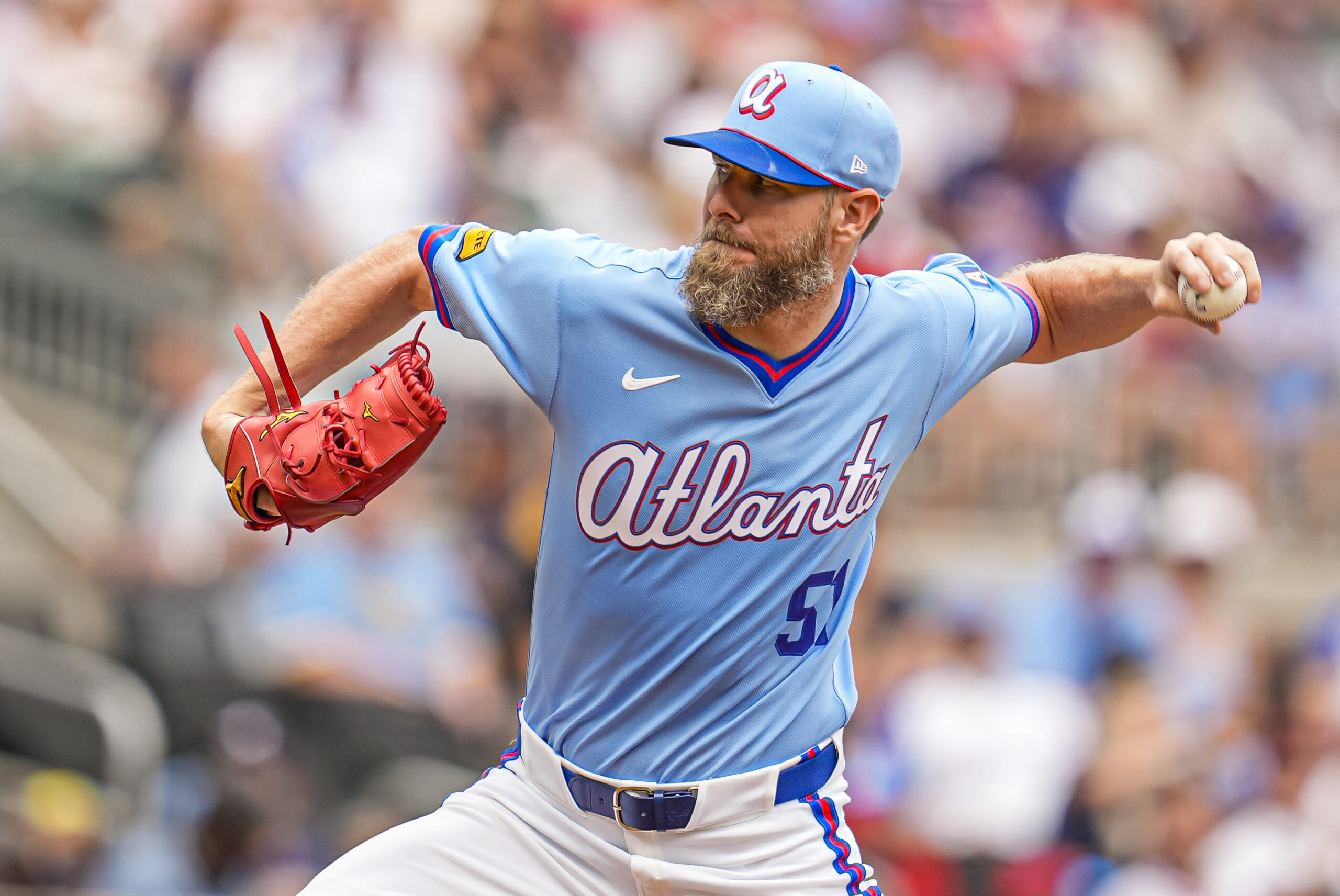 Jun 20, 2026; Cumberland, Georgia, USA; Atlanta Braves pitcher Chris Sale (51) pitches against the Milwaukee Brewers during the first inning at Truist Park. Mandatory Credit: Dale Zanine-Imagn Images