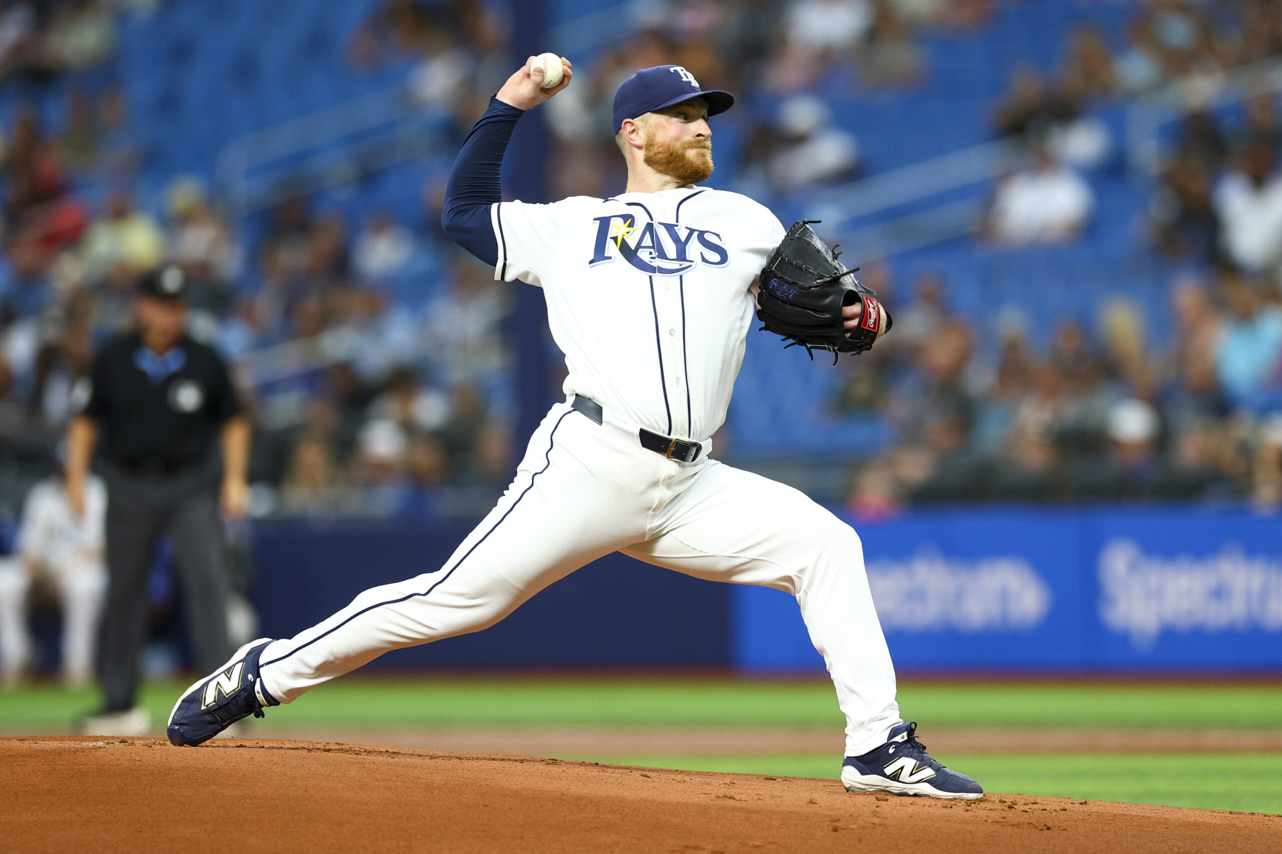 Jun 22, 2026; St. Petersburg, Florida, USA; Tampa Bay Rays starting pitcher Drew Rasmussen (57) throws a pitch against the Kansas City Royals in the first inning at Tropicana Field. Mandatory Credit: Nathan Ray Seebeck-Imagn Images