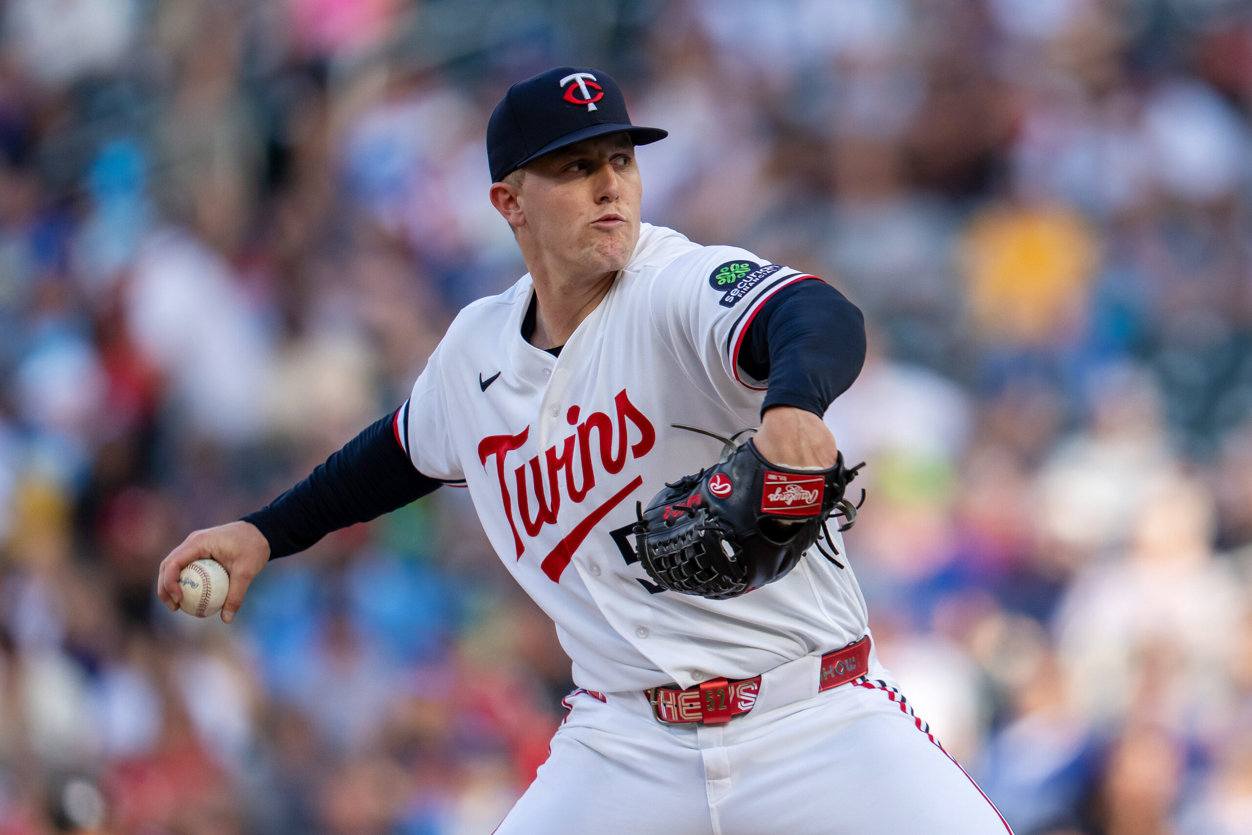 Jun 22, 2026; Minneapolis, Minnesota, USA; Minnesota Twins starting pitcher Zebby Matthews (52) delivers a pitch against the Los Angeles Dodgers in the first inning at Target Field. Mandatory Credit: Jesse Johnson-Imagn Images
