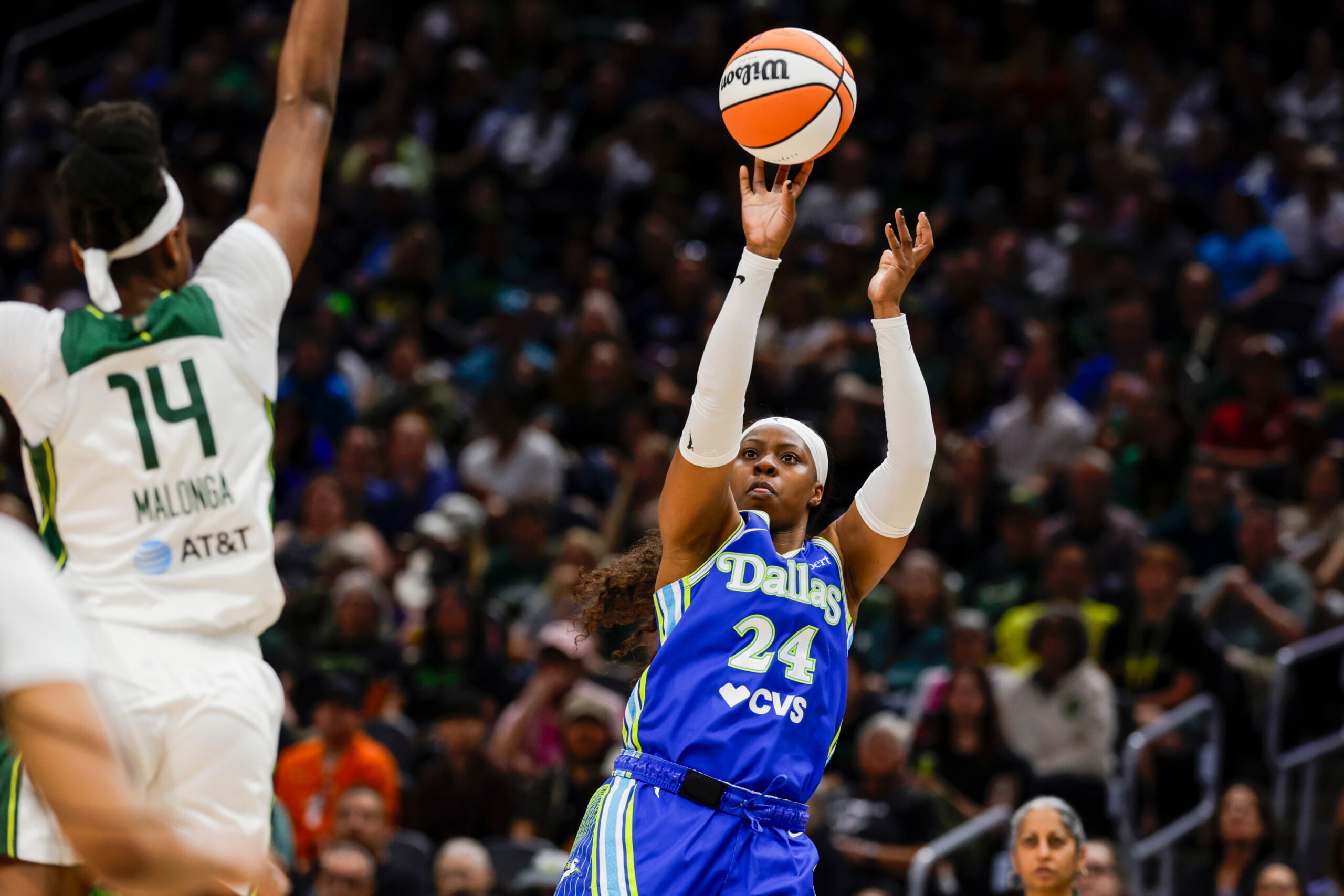 Jun 22, 2026; Seattle, Washington, USA; Dallas Wings guard Arike Ogunbowale (24) shoots against the Seattle Storm during the second quarter at Climate Pledge Arena. Mandatory Credit: Joe Nicholson-Imagn Images