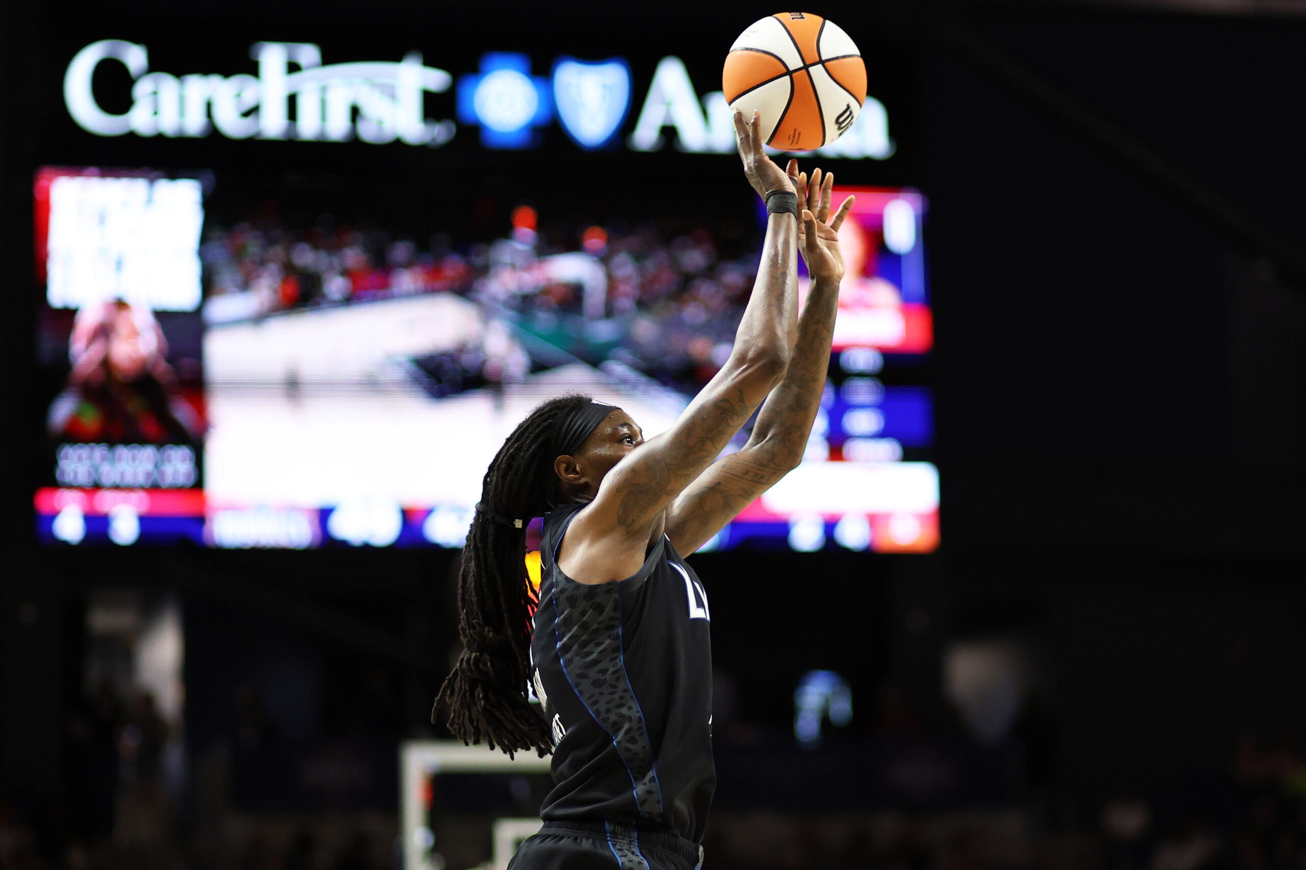 Jun 24, 2026; Washington, District of Columbia, USA; Minnesota Lynx forward Natasha Howard (1) takes a shot during the second half against the Washington Mystics at CareFirst Arena. Mandatory Credit: Daniel Kucin Jr.-Imagn Images