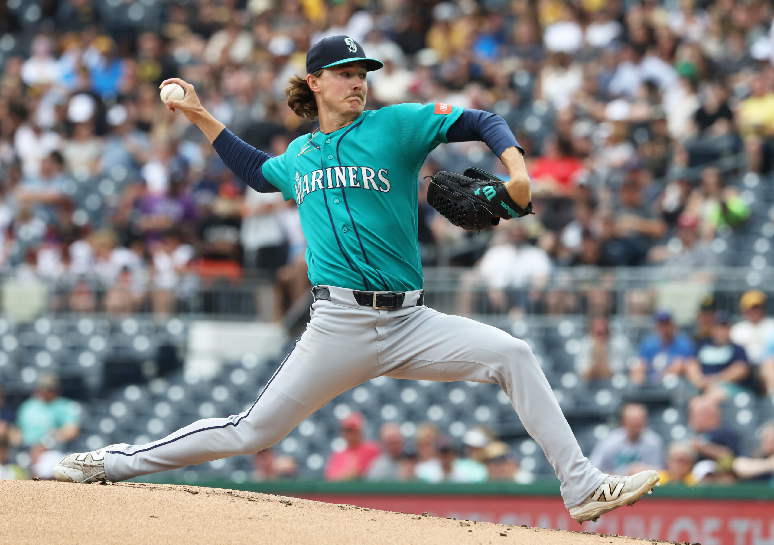 Jun 25, 2026; Pittsburgh, Pennsylvania, USA;  Seattle Mariners starting pitcher Bryce Miller (50) delivers a pitch against the Pittsburgh Pirates during the first inning at PNC Park. Mandatory Credit: Charles LeClaire-Imagn Images