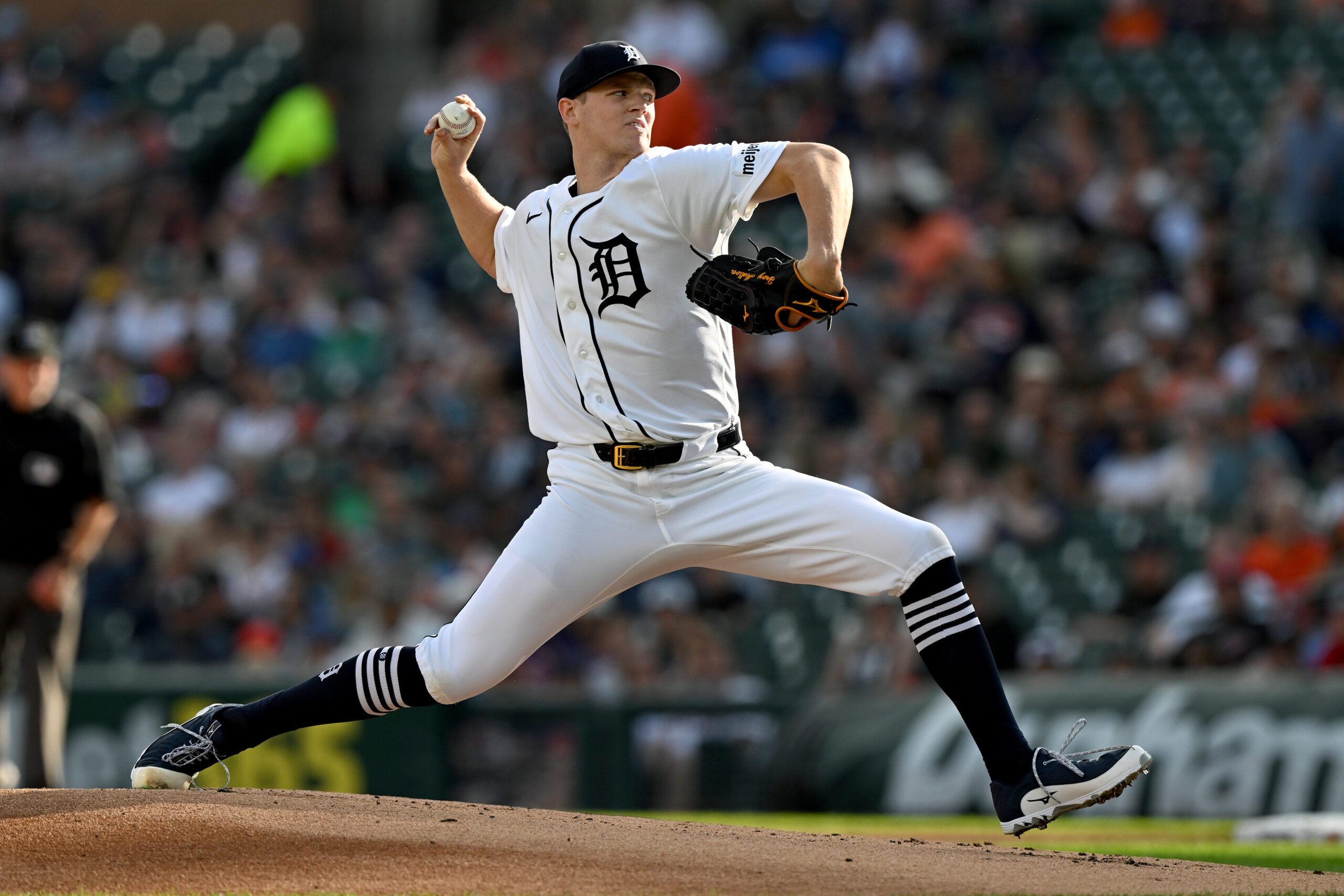 Jun 25, 2026; Detroit, Michigan, USA; Detroit Tigers starting pitcher Troy Melton (52) throws a pitch against the Houston Astros in the first inning at Comerica Park. Mandatory Credit: Lon Horwedel-Imagn Images
