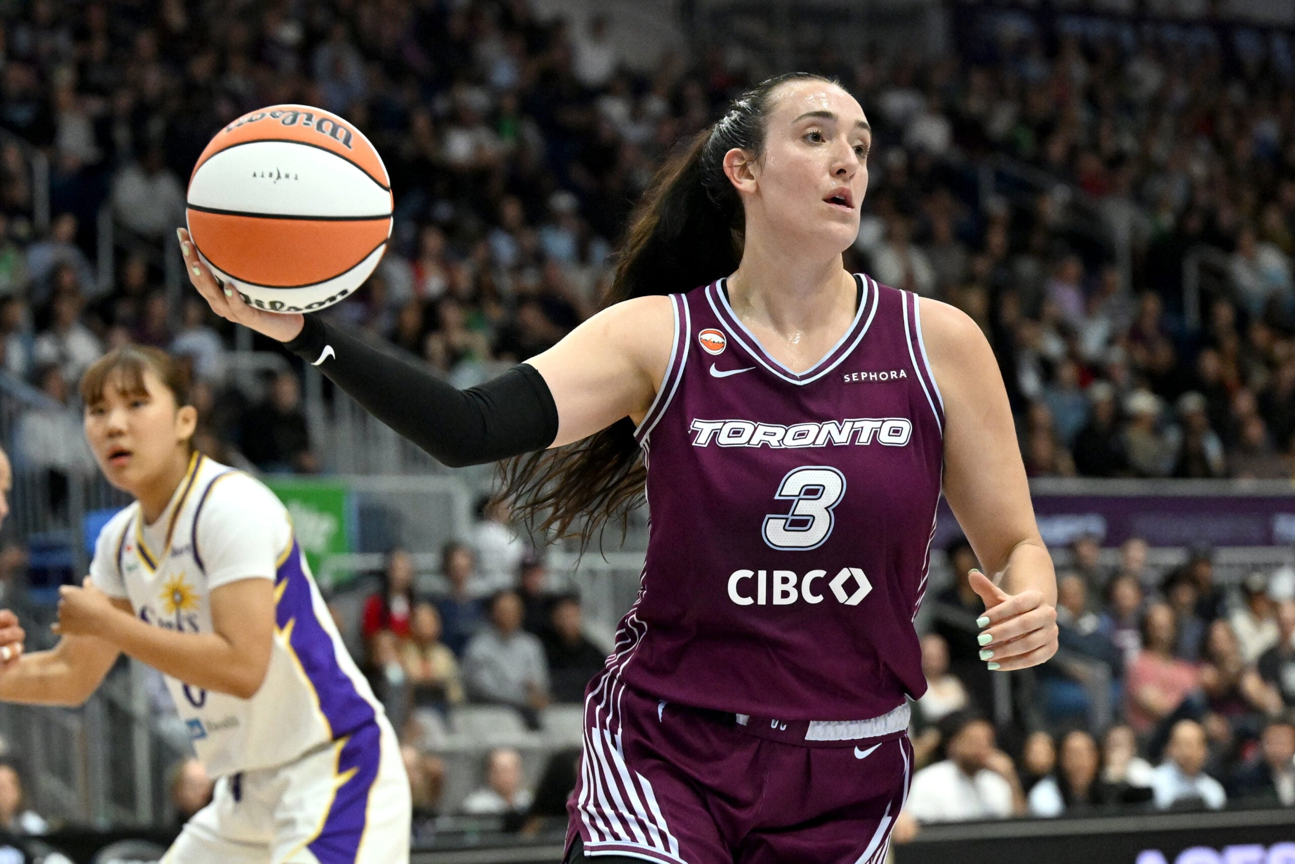 Jun 25, 2026; Toronto, Ontario, CAN; Toronto Tempo guard Marina Mabrey (3) controls a rebound against the Los Angeles Sparks in the first half at Coca-Cola Coliseum. Mandatory Credit: Dan Hamilton-Imagn Images