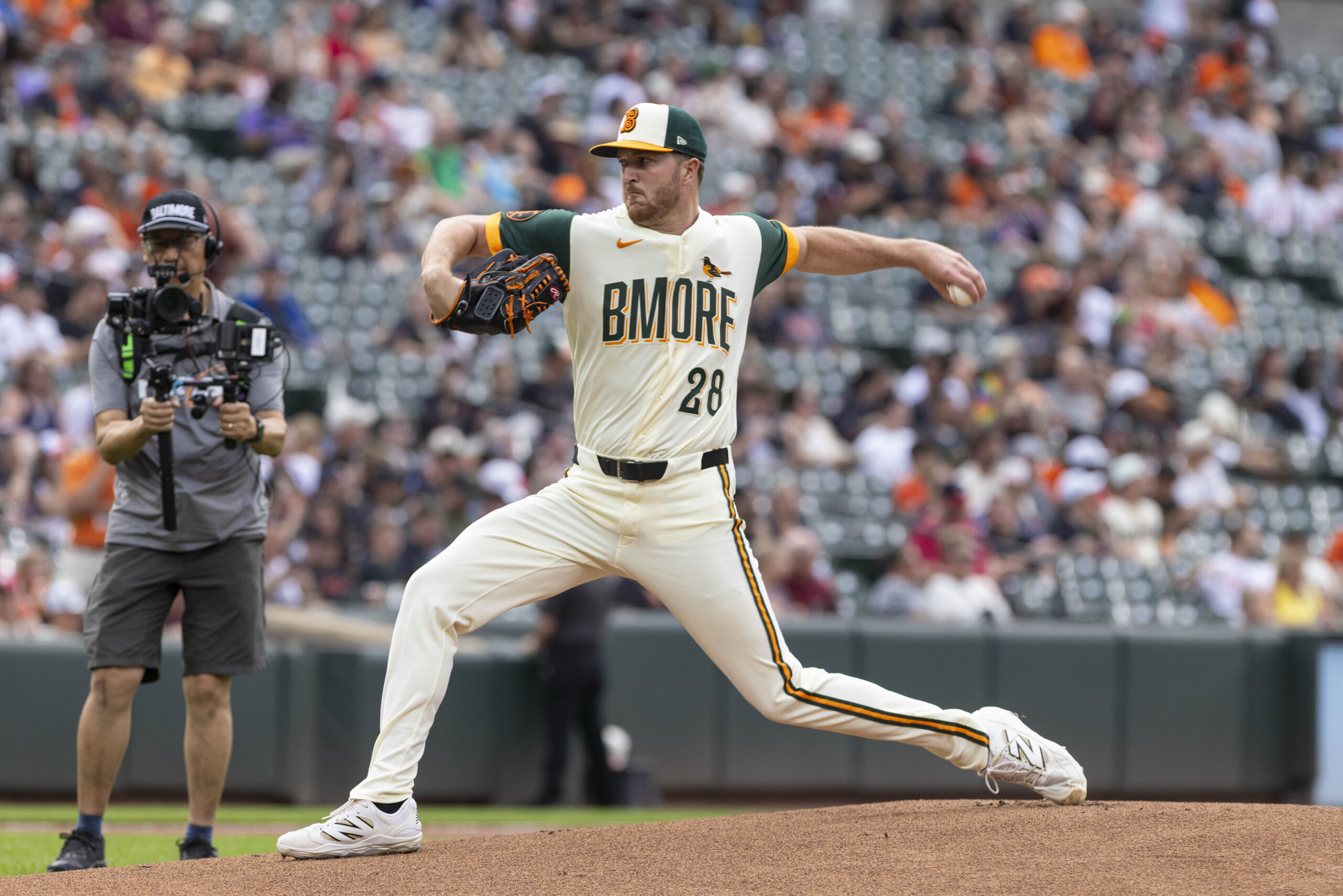 Jun 26, 2026; Baltimore, Maryland, USA; Baltimore Orioles pitcher Trevor Rogers (28) pitching in the first inning against the Washington Nationals at Oriole Park at Camden Yards. Mandatory Credit: Lexi Thompson-Imagn Images
