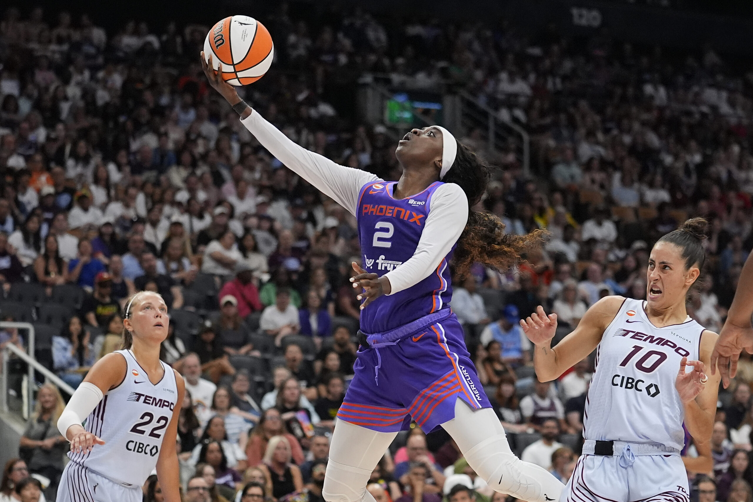 Jun 27, 2026; Toronto, Ontario, CAN; Phoenix Mercury guard Kahleah Copper (2) goes up to make a basket against Toronto Tempo forward Maria Conde (10) during the second half at Scotiabank Arena. Mandatory Credit: John E. Sokolowski-Imagn Images