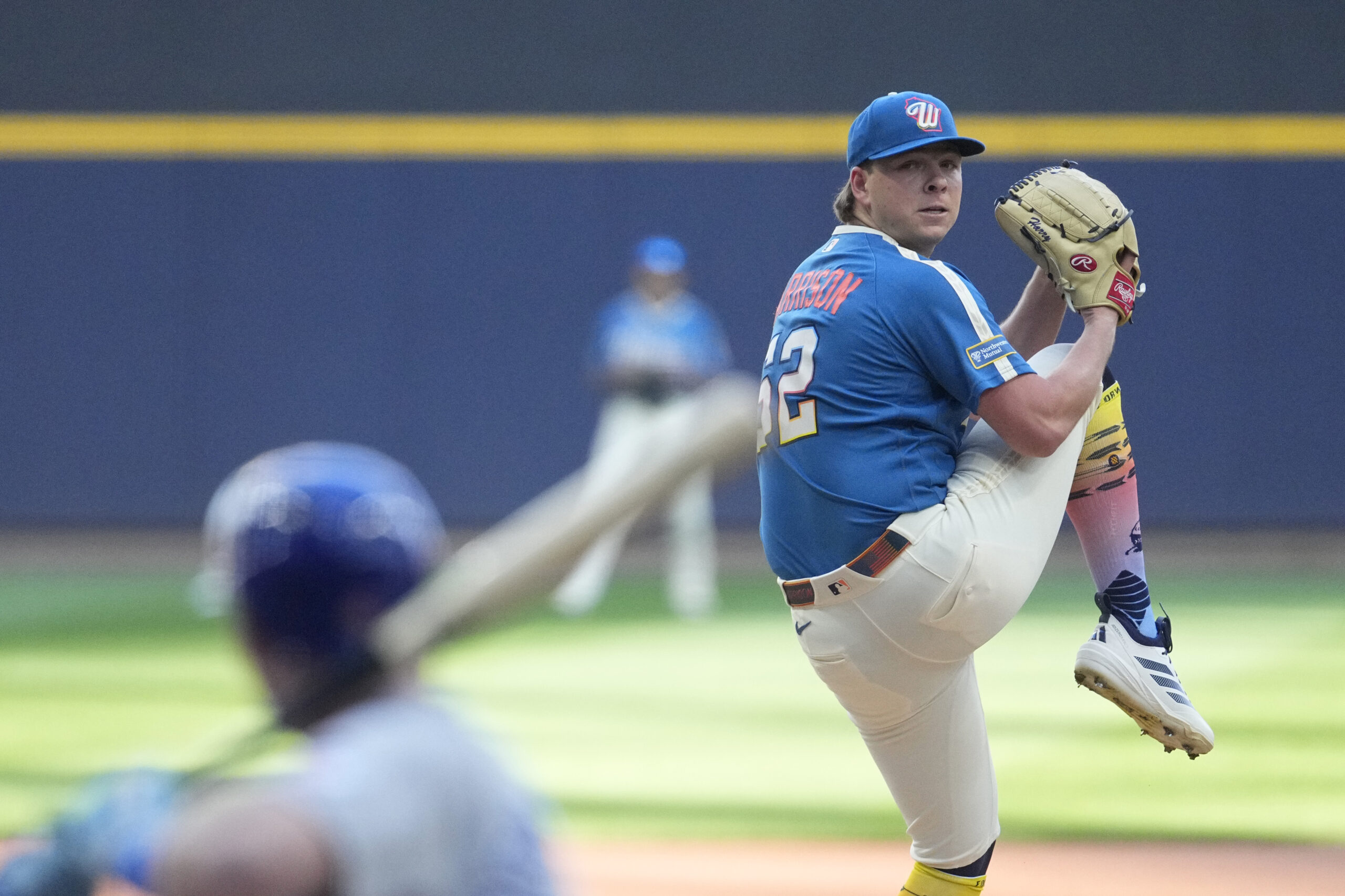 Jun 27, 2026; Milwaukee, Wisconsin, USA; Milwaukee Brewers relief pitcher Kyle Harrison (52) delivers a pitch against the Chicago Cubs in the first inning at American Family Field. Mandatory Credit: Michael McLoone-Imagn Images