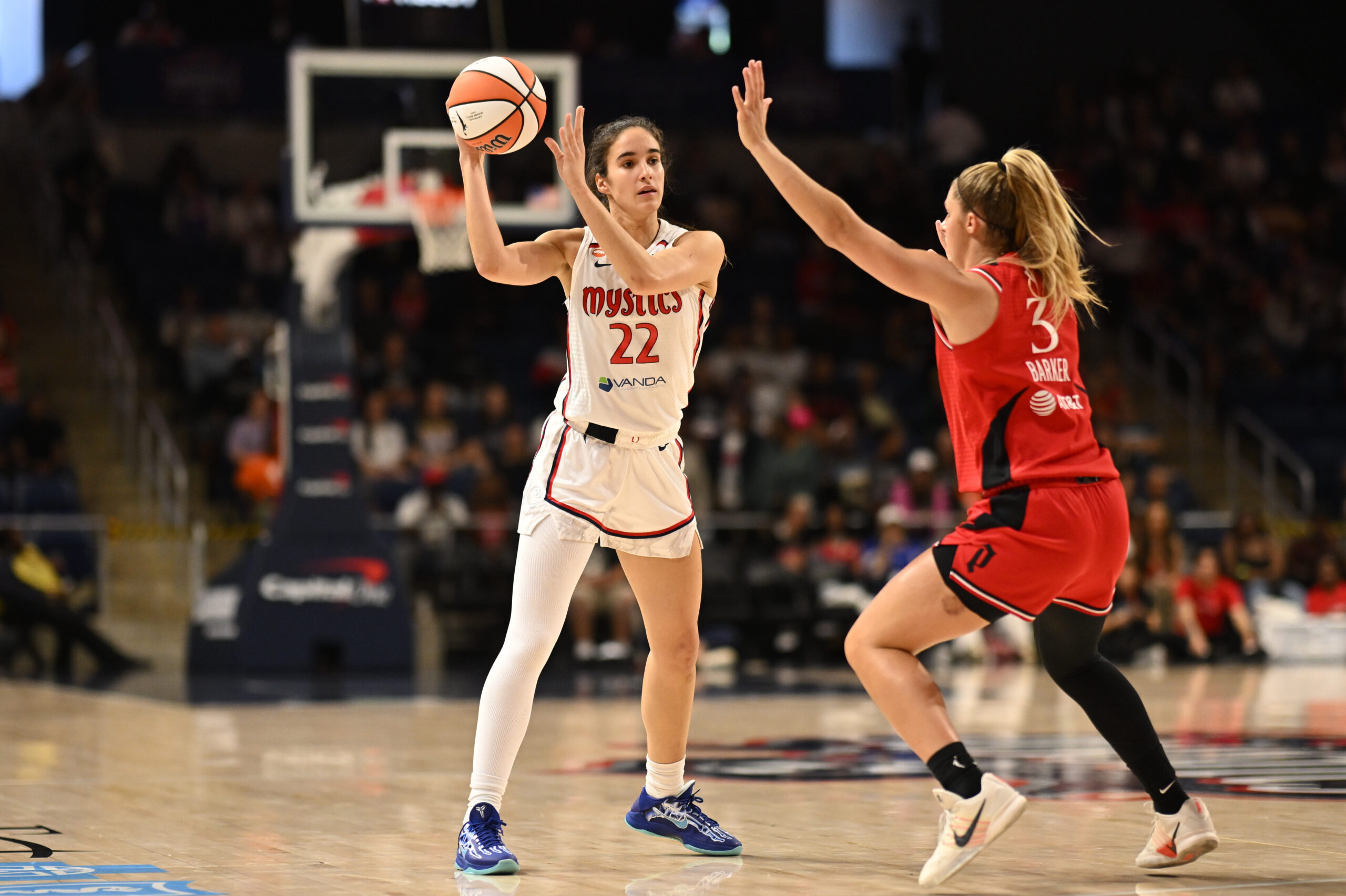 Jun 28, 2026; Washington, District of Columbia, USA; Washington Mystics guard Sonia Citron (22) looks to pass the ball in front of Portland Fire guard Sarah Ashlee Barker (3) during the first quarter at CareFirst Arena. Mandatory Credit: Rafael Suanes-Imagn Images