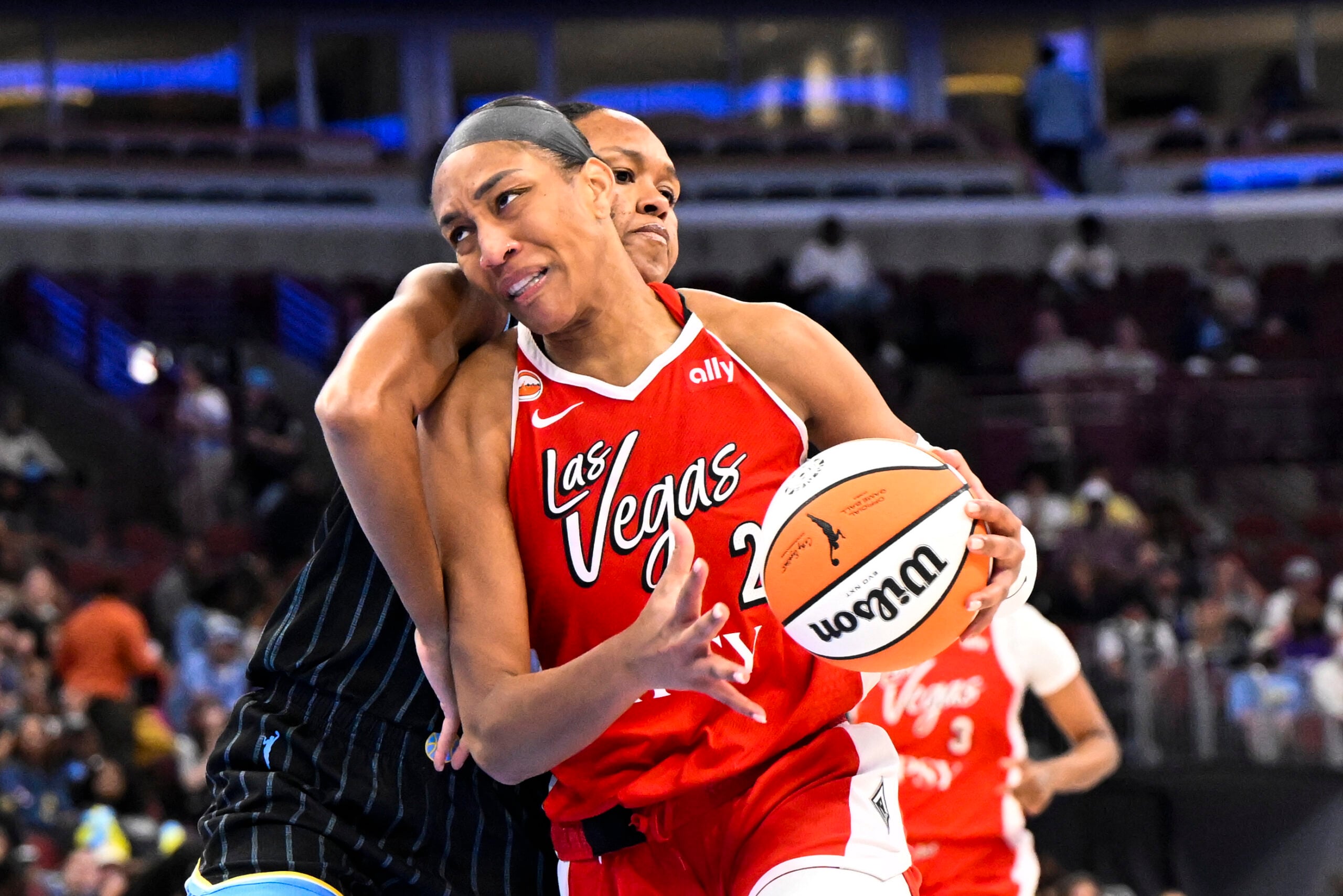 Jun 28, 2026; Chicago, Illinois, USA; Las Vegas Aces center A'ja Wilson (22) drives to the basket against Chicago Sky forward-center Azura Stevens (30) during the second half at United Center. Mandatory Credit: Matt Marton-Imagn Images