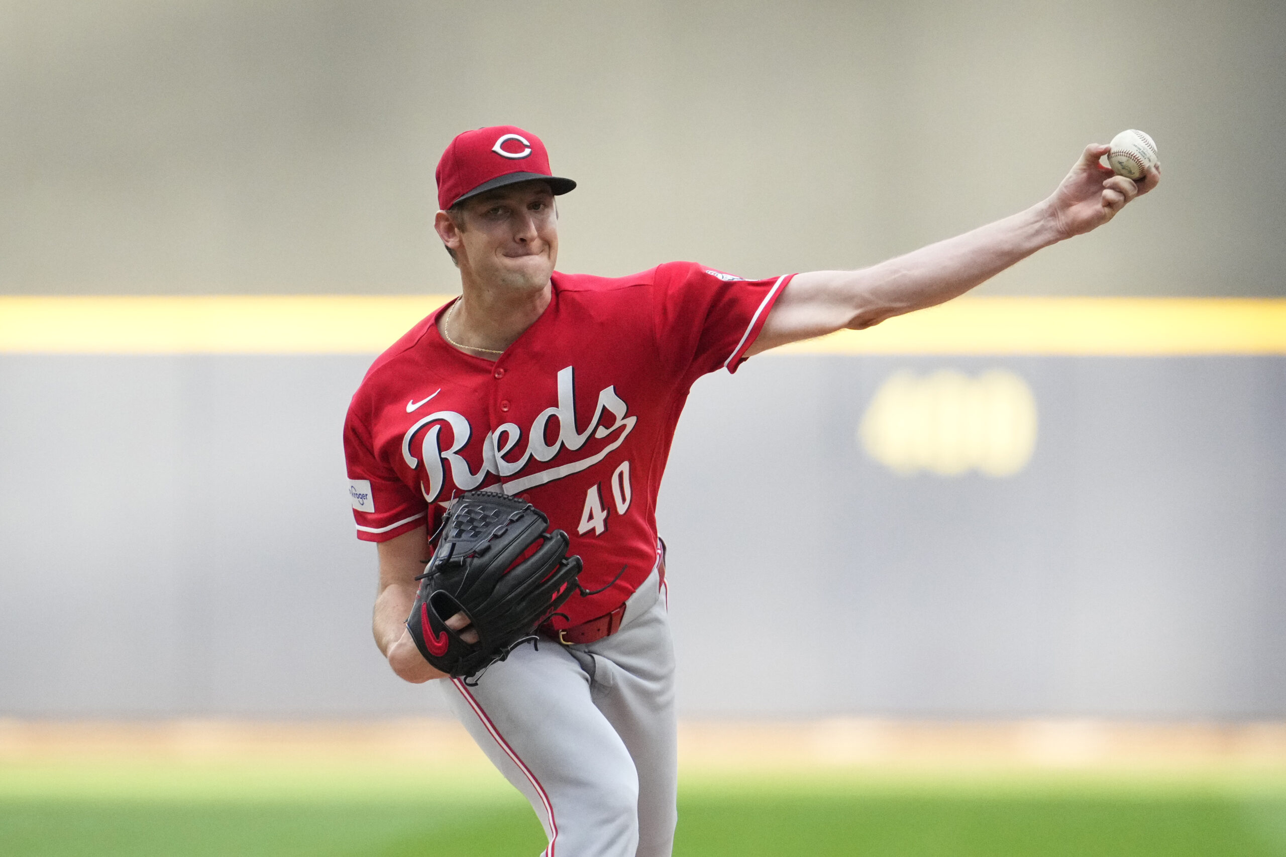 Jun 29, 2026; Milwaukee, Wisconsin, USA; Cincinnati Reds pitcher Nick Lodolo(40) delivers a pitch against the Milwaukee Brewers in the first inning at American Family Field. Mandatory Credit: Michael McLoone-Imagn Images