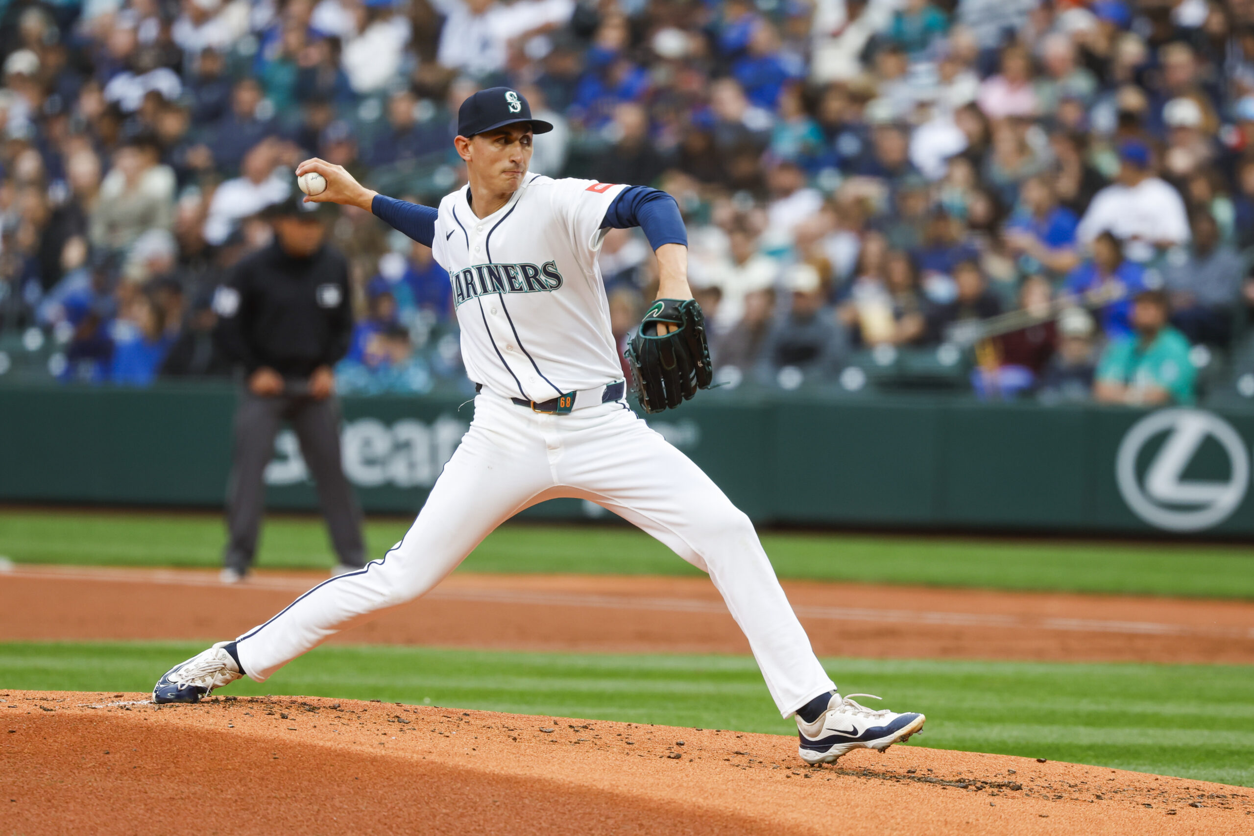 Jun 29, 2026; Seattle, Washington, USA; Seattle Mariners starting pitcher George Kirby (68) throws against the Los Angeles Angels during the second inning at T-Mobile Park. Mandatory Credit: Joe Nicholson-Imagn Images