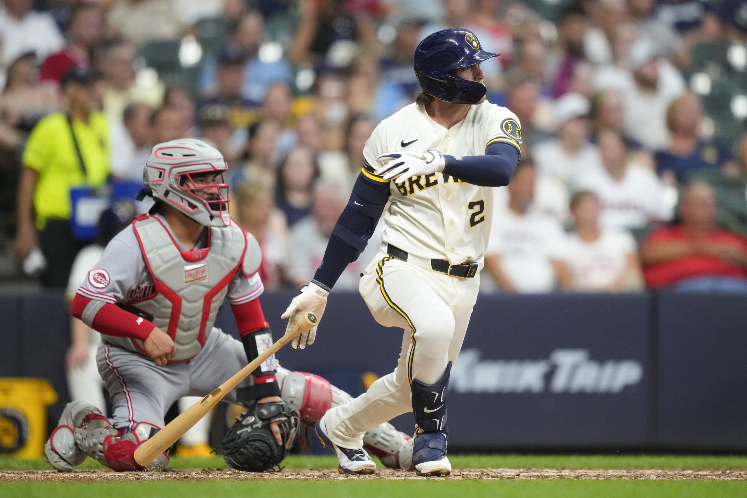 Jun 30, 2026; Milwaukee, Wisconsin, USA; Milwaukee Brewers second baseman Brice Turang (2) singles during the sixth inning against the Cincinnati Reds at American Family Field. Mandatory Credit: Jeff Hanisch-Imagn Images