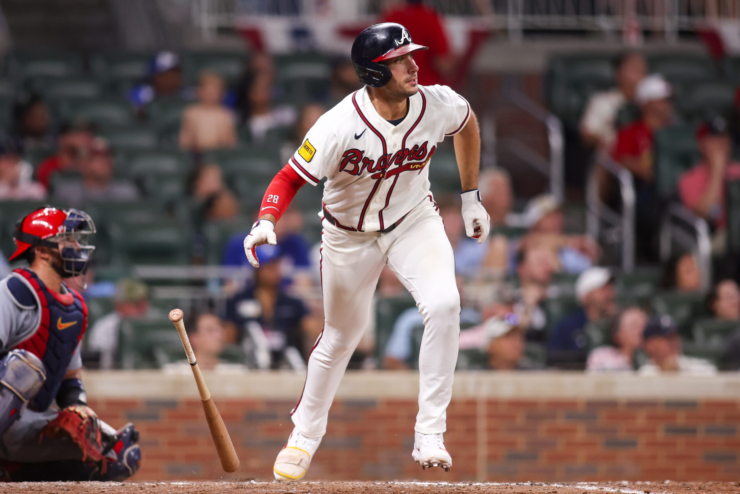Jun 30, 2026; Atlanta, Georgia, USA; Atlanta Braves first baseman Matt Olson (28) hits a double against the St. Louis Cardinals in the ninth inning at Truist Park. Mandatory Credit: Brett Davis-Imagn Images