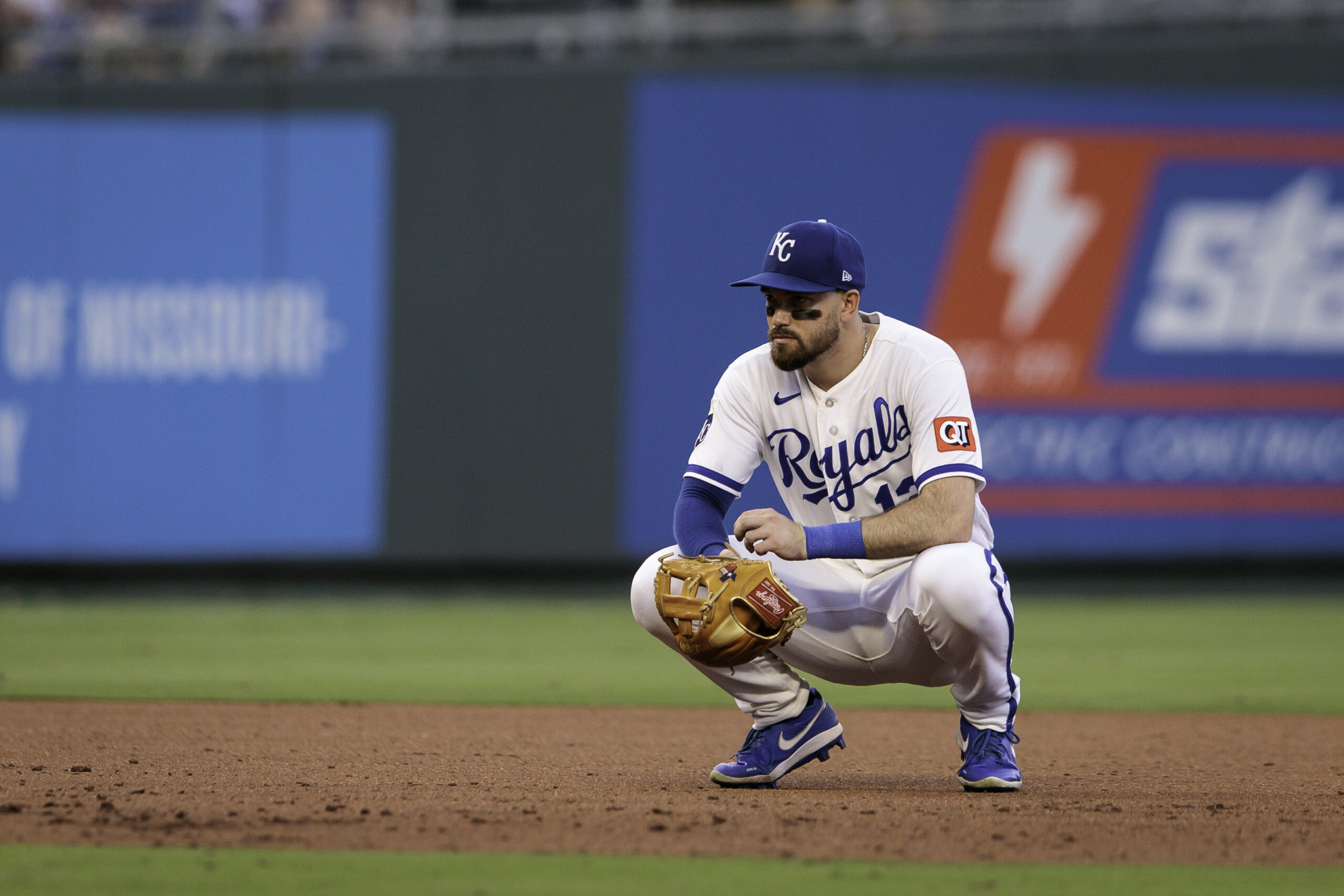 Jun 30, 2026; Kansas City, Missouri, USA; Kansas City Royals second baseman Nick Loftin (12) on the field during the fifth inning against the Tampa Bay Rays at Kauffman Stadium. Mandatory Credit: William Purnell-Imagn Images