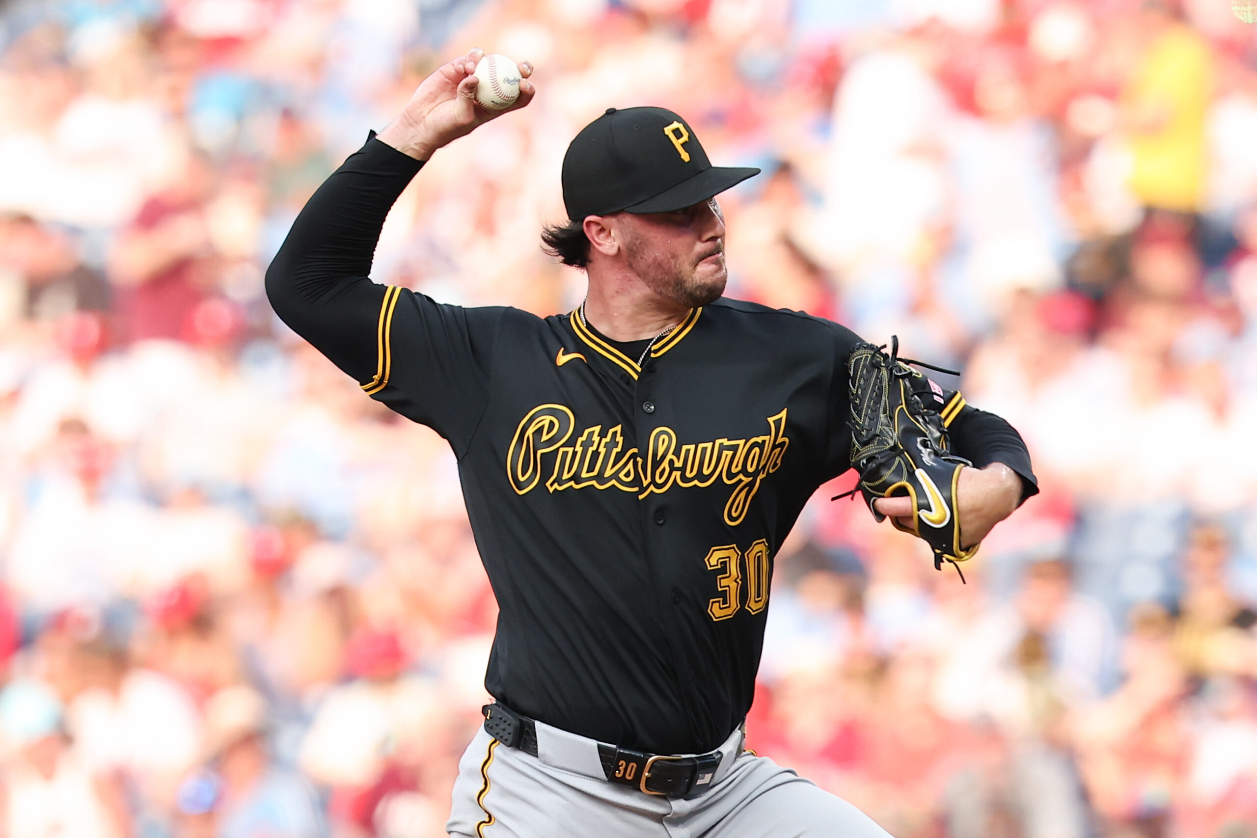 Jul 1, 2026; Philadelphia, Pennsylvania, USA; Pittsburgh Pirates pitcher Paul Skenes (30) throws a pitch during the second inning against the Philadelphia Phillies at Citizens Bank Park. Mandatory Credit: Bill Streicher-Imagn Images