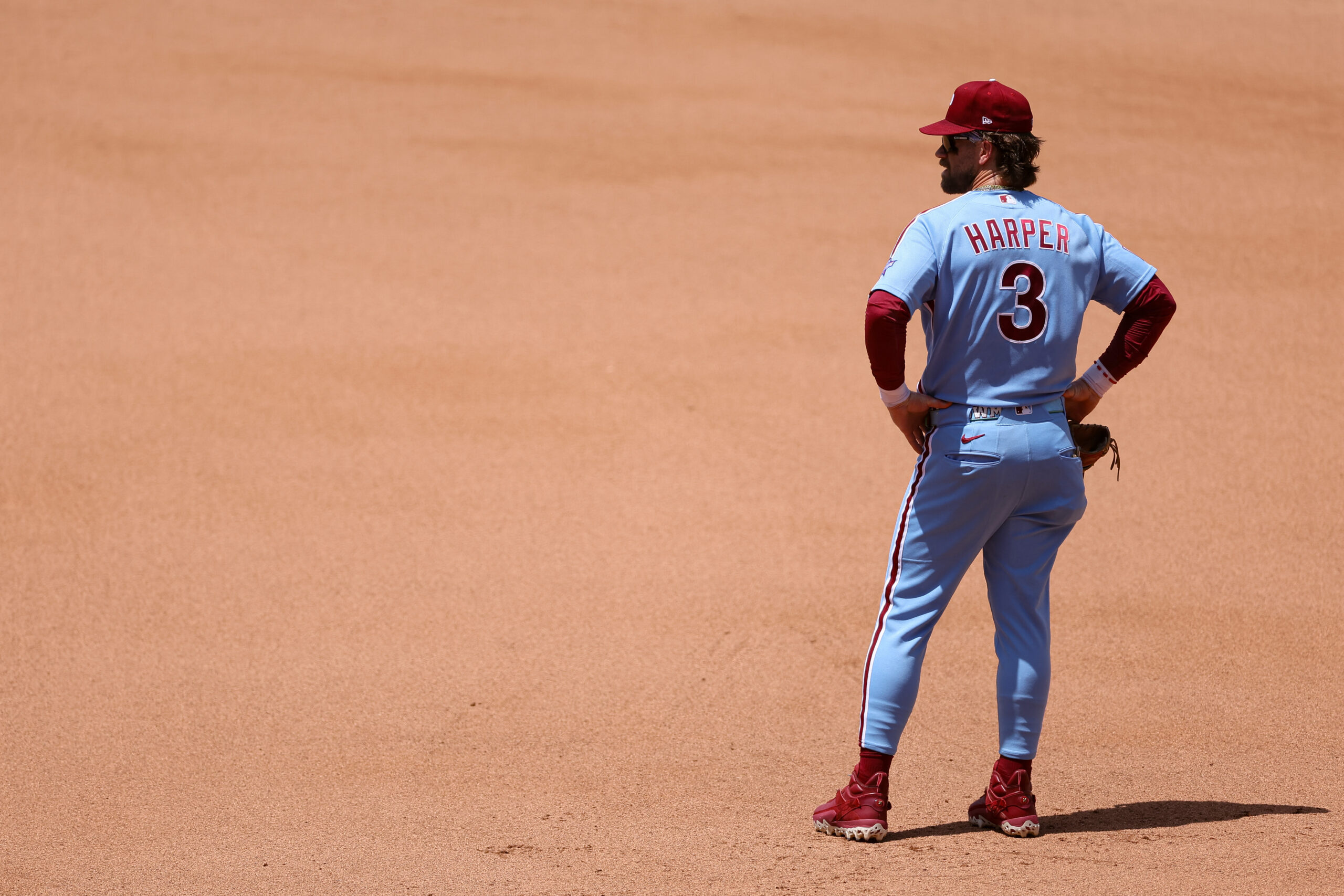 Jul 2, 2026; Philadelphia, Pennsylvania, USA; Philadelphia Phillies first baseman Bryce Harper (3) looks on during the fifth inning against the Pittsburgh Pirates at Citizens Bank Park. Mandatory Credit: Bill Streicher-Imagn Images