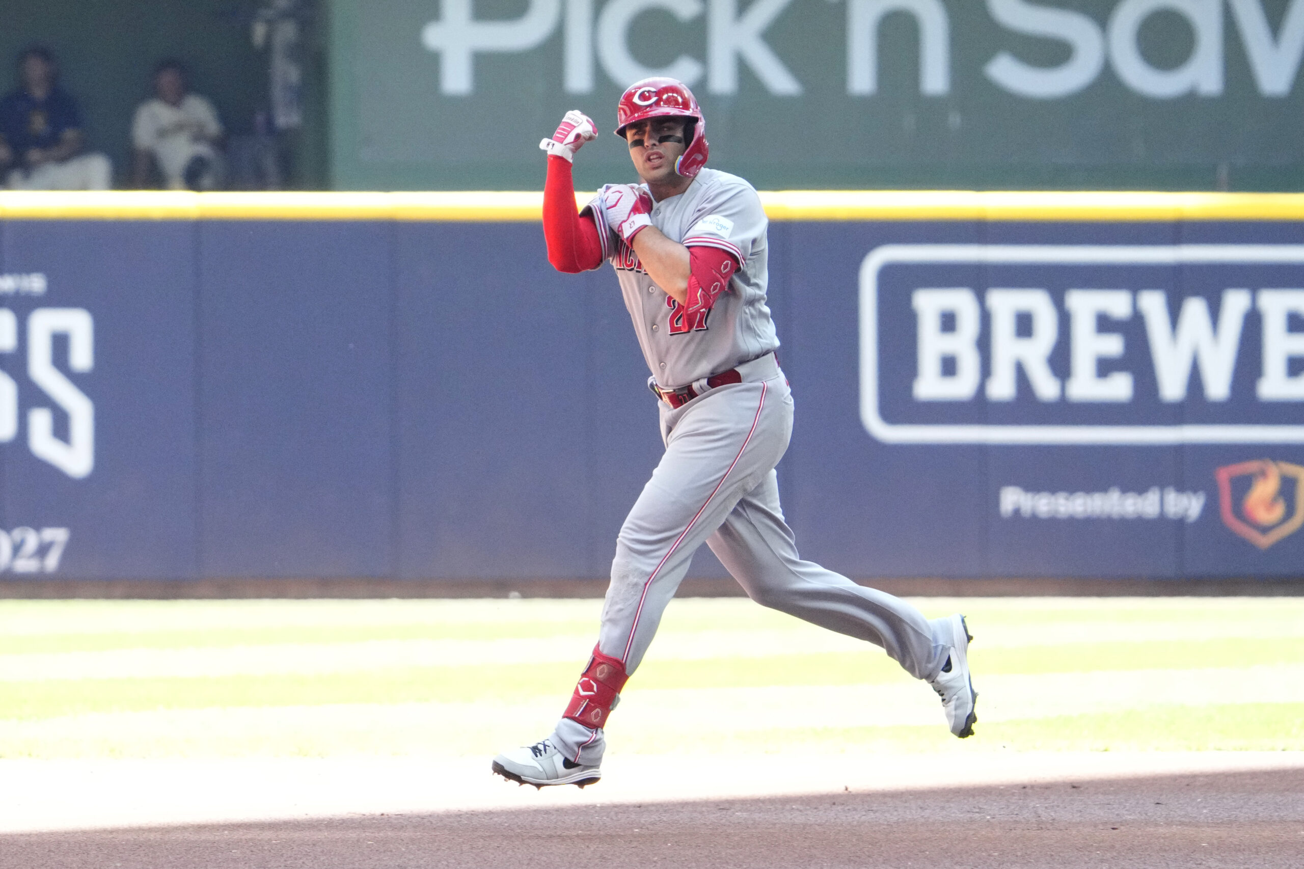 Jul 2, 2026; Milwaukee, Wisconsin, USA; Cincinnati Reds first baseman Sal Stewart (27) rounds the bases after hitting a home run against the Milwaukee Brewers in the first inning at American Family Field. Mandatory Credit: Michael McLoone-Imagn Images